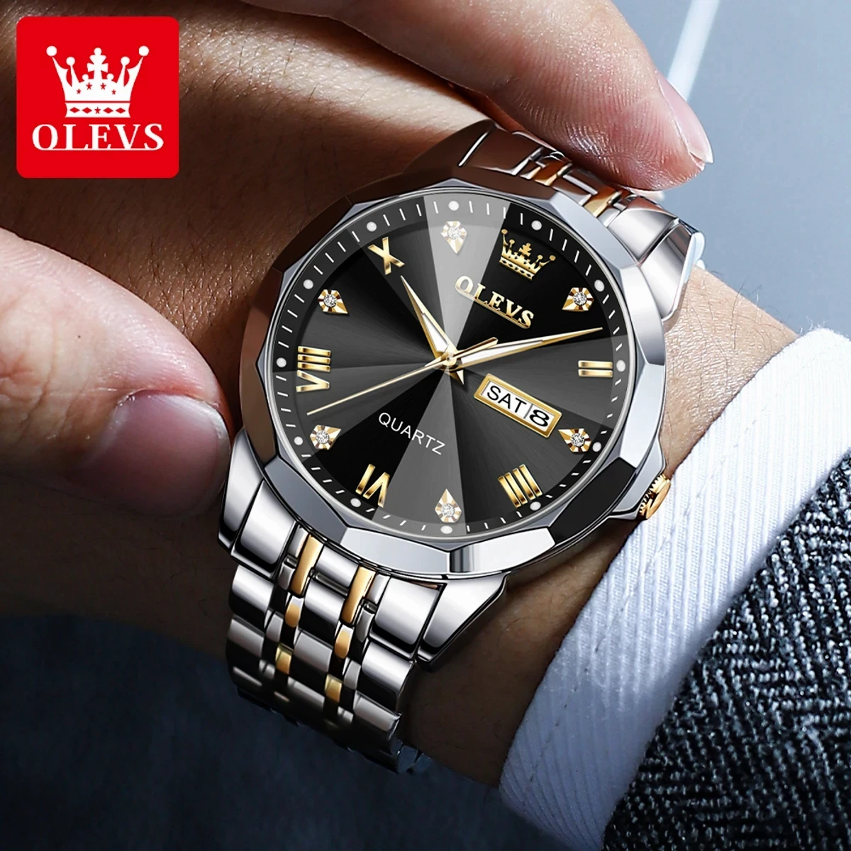 OLEVS MODEL 9931 Watch for Men TOTON AR DIAL BLACK- MAN WATCH - LOCK PUSH + এক পিস ব্যাটারি ফ্রি।