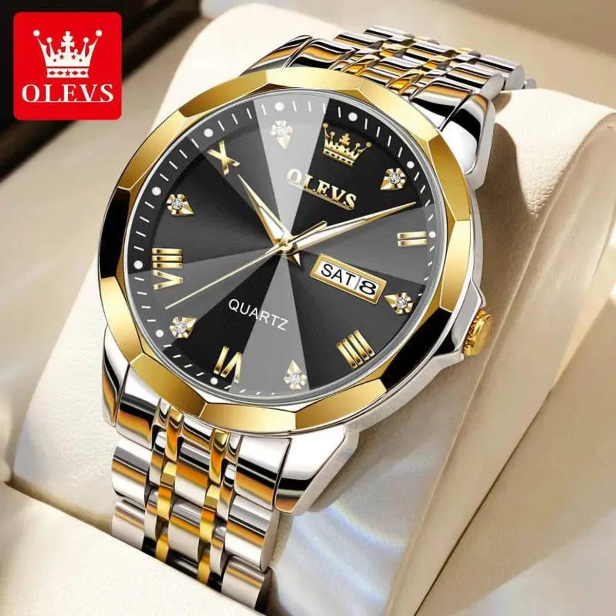 OLEVS MODEL 9931 Watch for Men Stainless Steel Watches - 9941 TOTON AR DIAL BLACK ROUND GOLDEN - - MAN WATCH - LOCK PUSH  + এক পিস ব্যাটারি ফ্রি।
