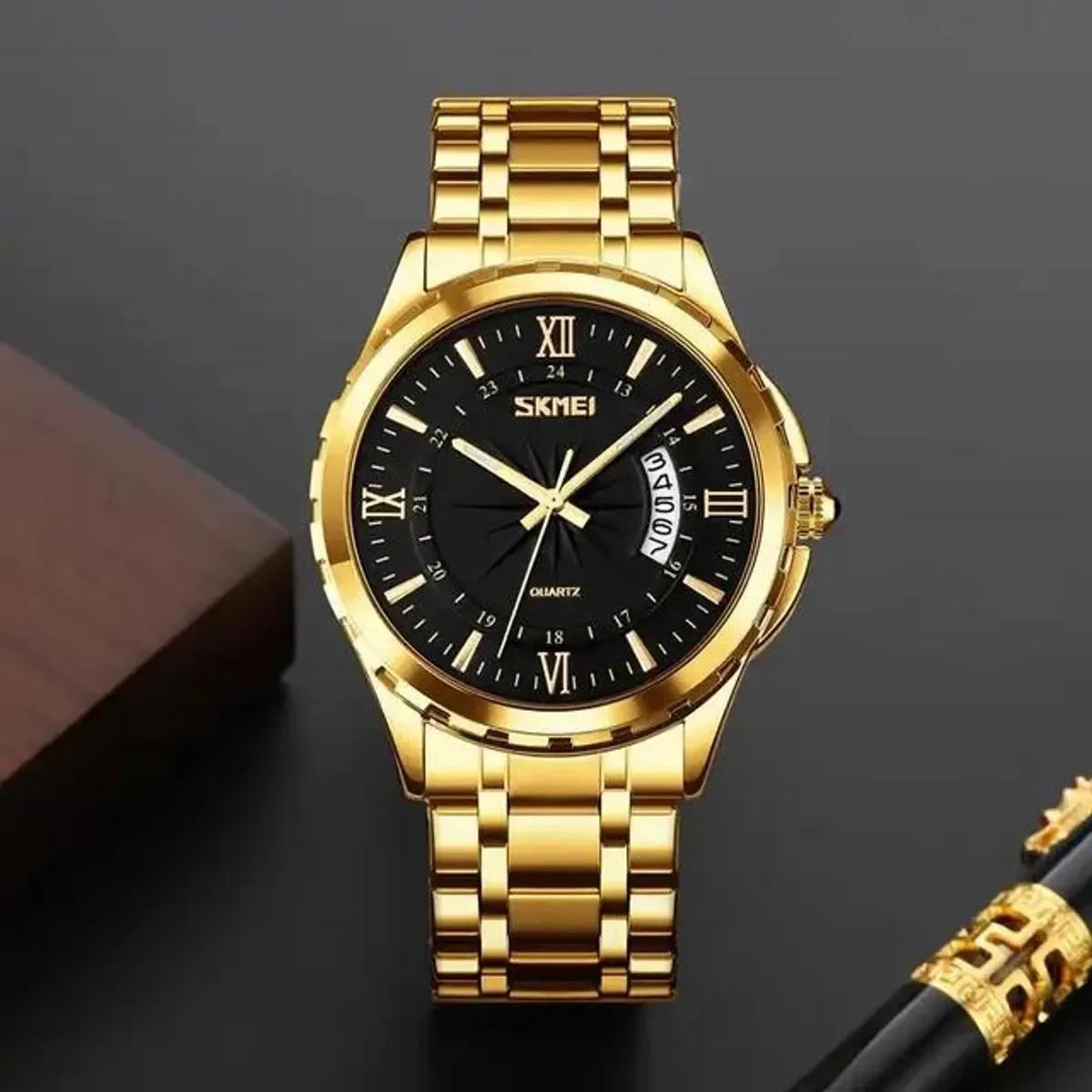 SKMEI WATCH MODEL 9069 GOLDEN CHAIN DIAL BLACK COLOUR WATCH FOR MAN