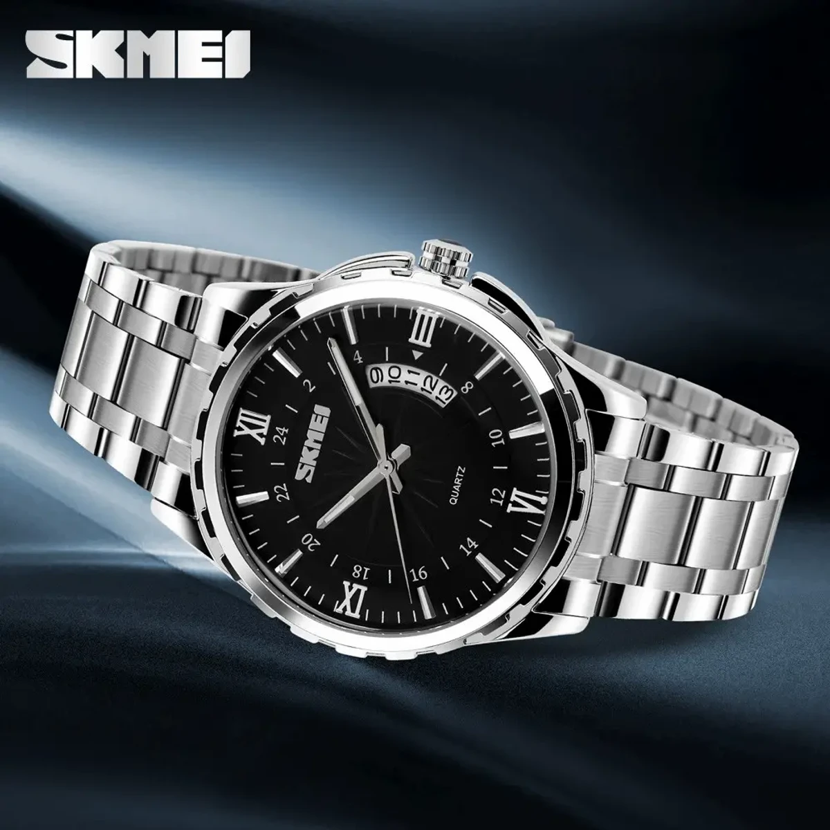 SKMEI WATCH MODEL 9069 SILVER CHAIN DIAL BLACK COLOUR WATCH FOR MAN