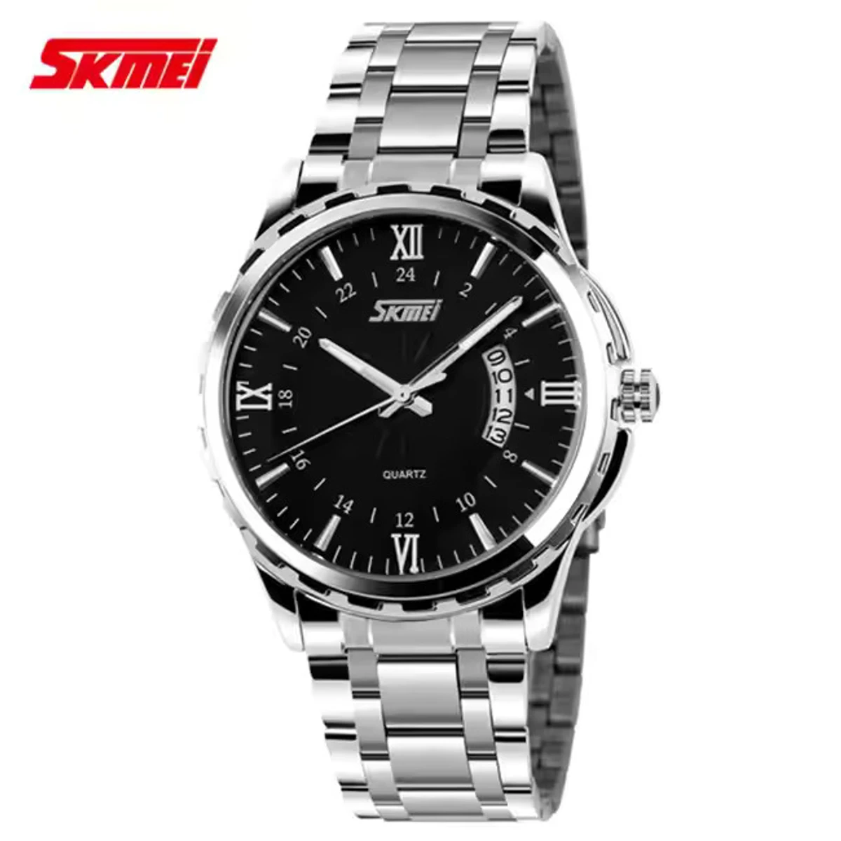 SKMEI WATCH MODEL 9069 SILVER CHAIN DIAL BLACK COLOUR WATCH FOR MAN