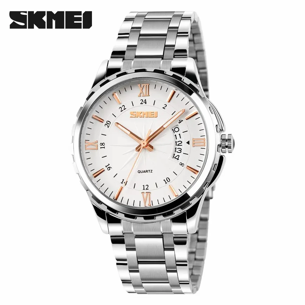 SKMEI WATCH MODEL 9069 SILVER CHAIN DIAL ROSE WHITE COLOUR WATCH FOR MAN