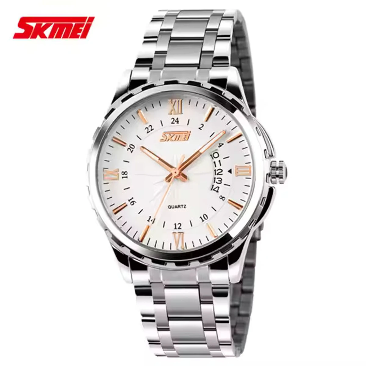 SKMEI WATCH MODEL 9069 SILVER CHAIN DIAL ROSE WHITE COLOUR WATCH FOR MAN