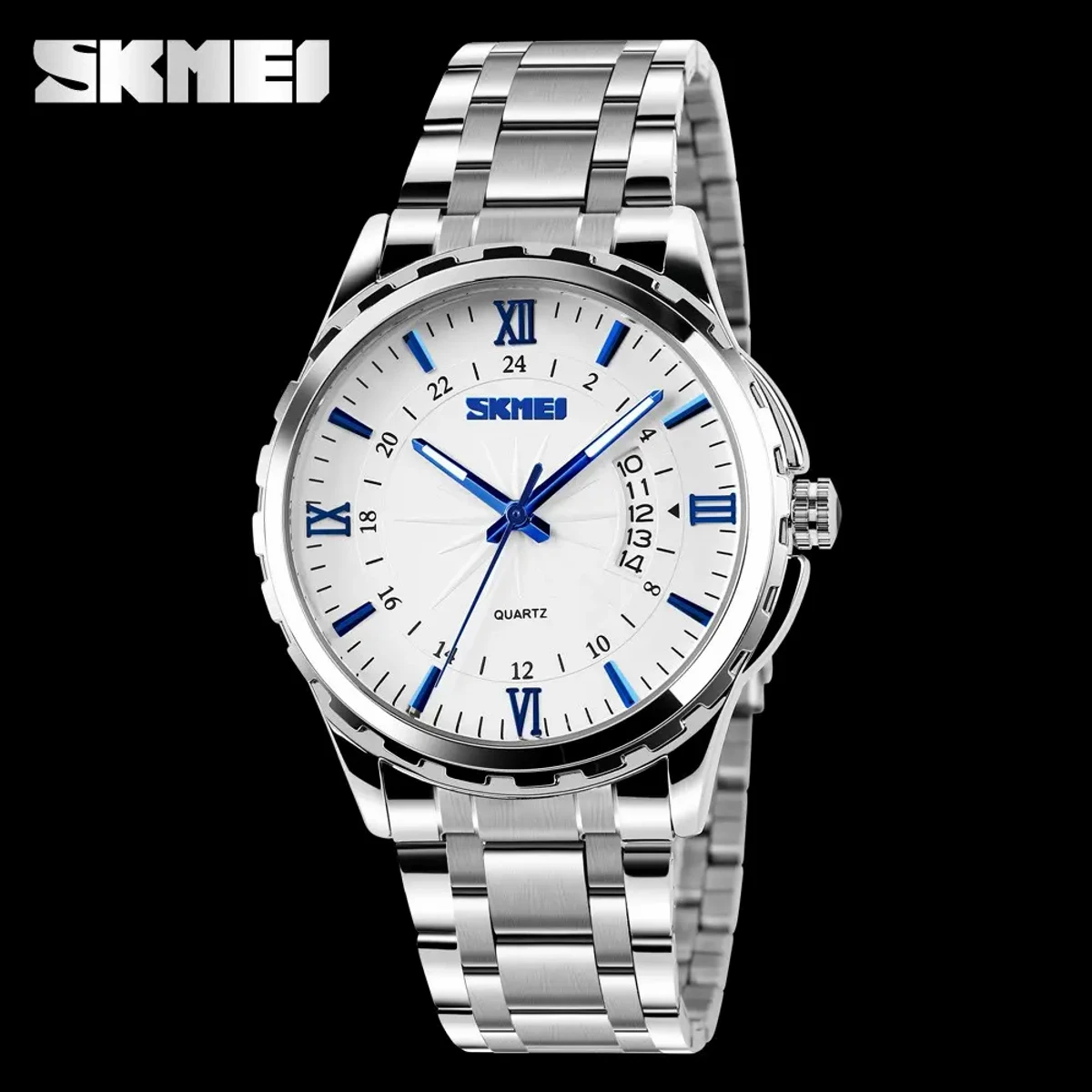 SKMEI WATCH MODEL 9069 SILVER CHAIN DIAL BLUE WHITE COLOUR WATCH FOR MAN