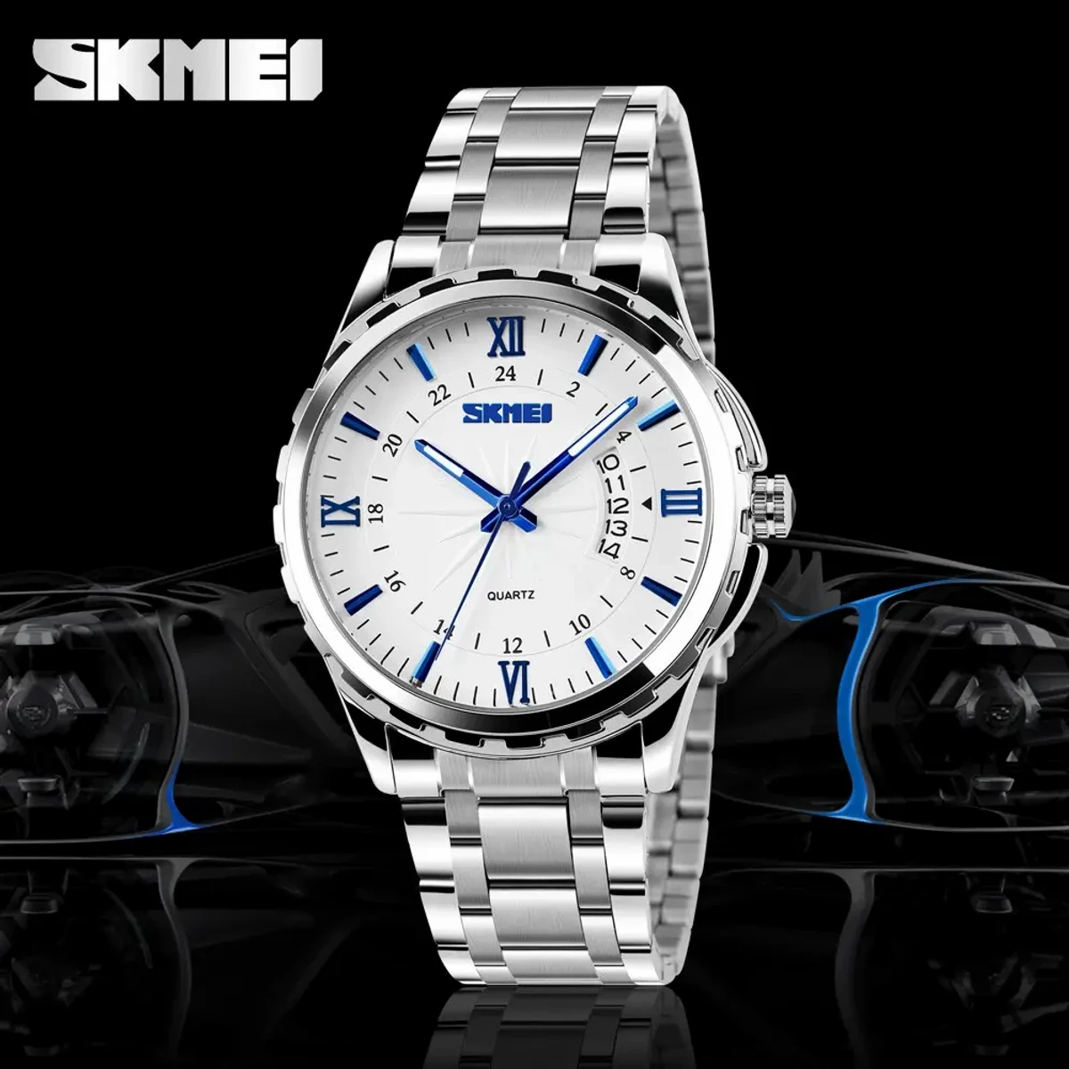 SKMEI WATCH MODEL 9069 SILVER CHAIN DIAL BLUE WHITE COLOUR WATCH FOR MAN