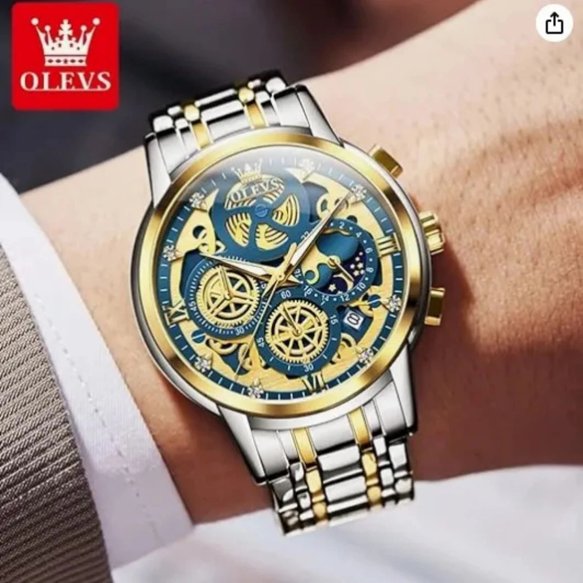 OLEVS WATCH MODEL 9947 TOTON AR DIAL BLUE COLOUR WATCH MAN LOCK PUSH + এক পিস ব্যাটারি ফ্রি।