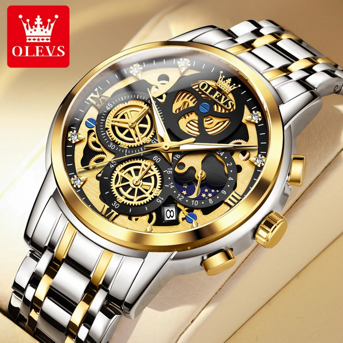 OLEVS WATCH MODEL 9947 TOTON AR DIAL BLACK COLOUR WATCH MAN LOCK PUSH + এক পিস ব্যাটারি ফ্রি।