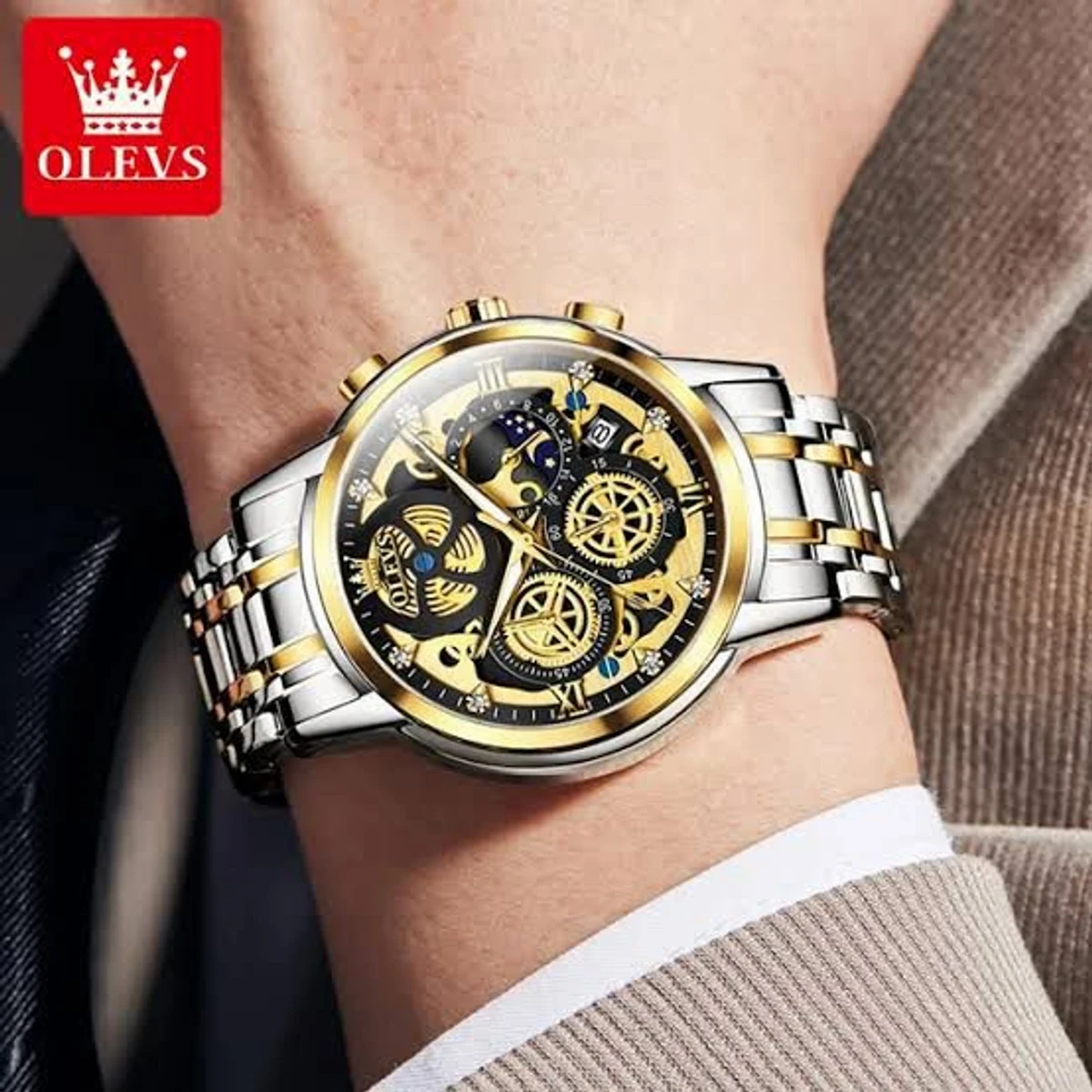OLEVS WATCH MODEL 9947 TOTON AR DIAL BLACK COLOUR WATCH MAN LOCK PUSH + এক পিস ব্যাটারি ফ্রি।