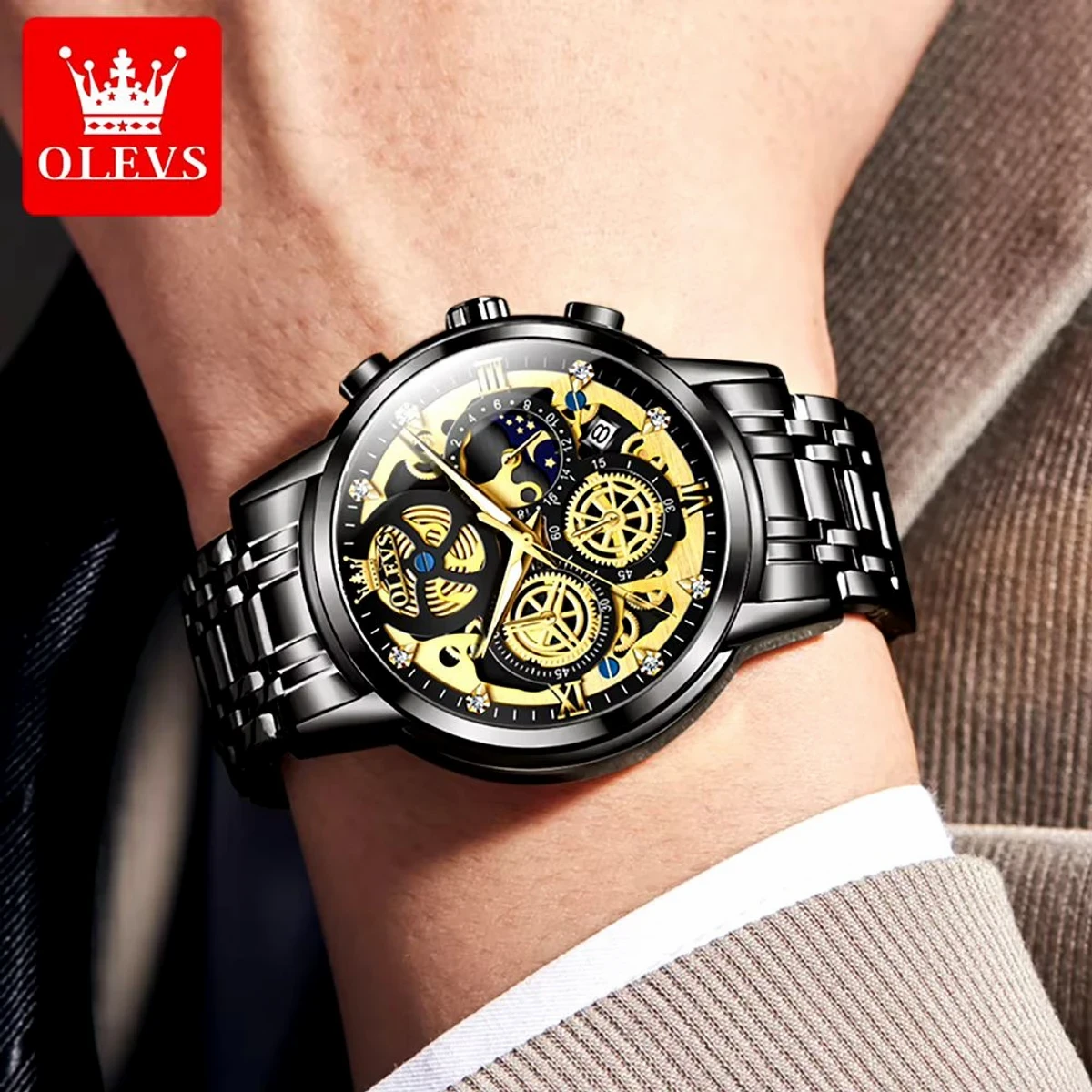 OLEVS WATCH MODEL 9947 FULL BLACK COLOUR WATCH MAN LOCK PUSH + এক পিস ব্যাটারি ফ্রি।