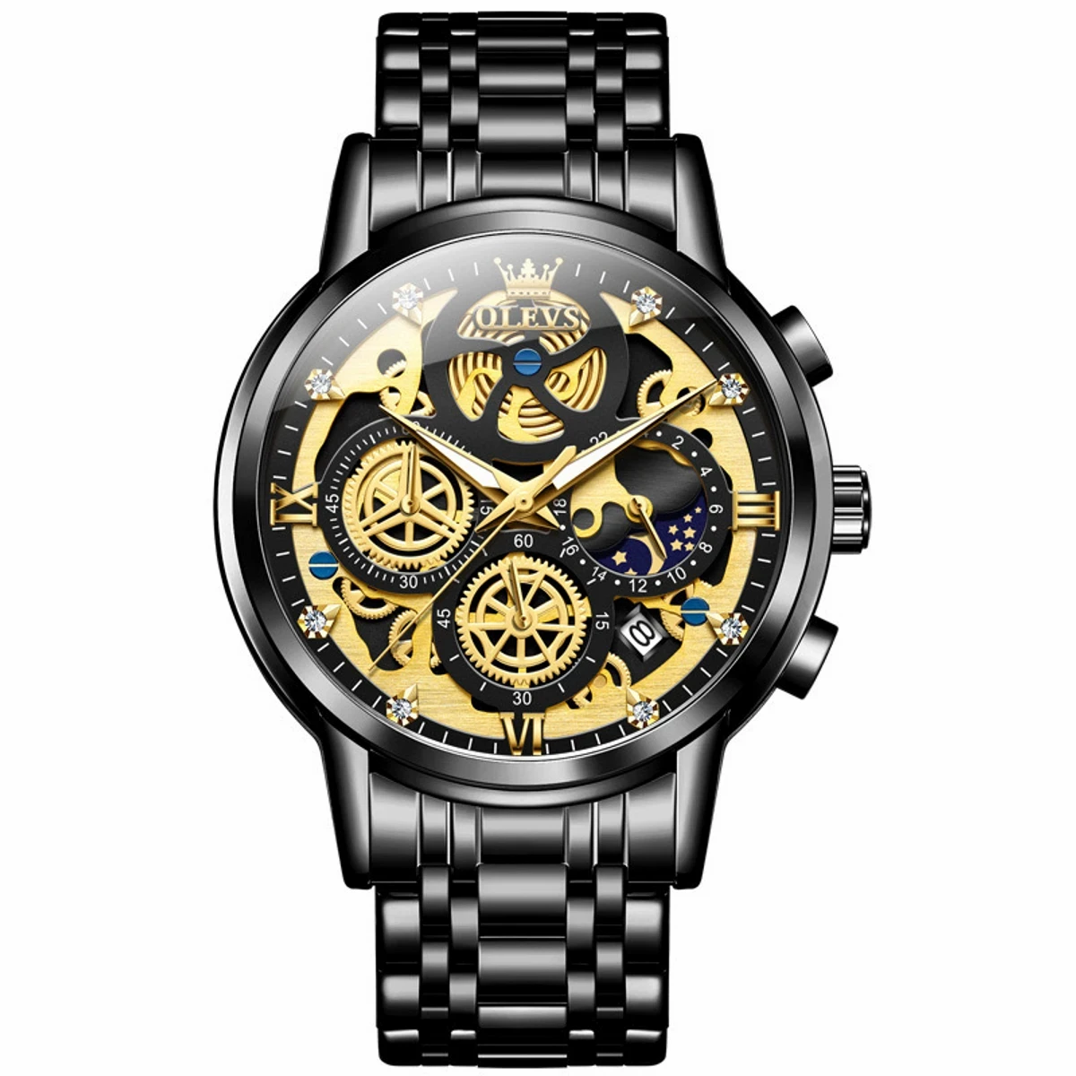 OLEVS WATCH MODEL 9947 FULL BLACK COLOUR WATCH MAN LOCK PUSH + এক পিস ব্যাটারি ফ্রি।