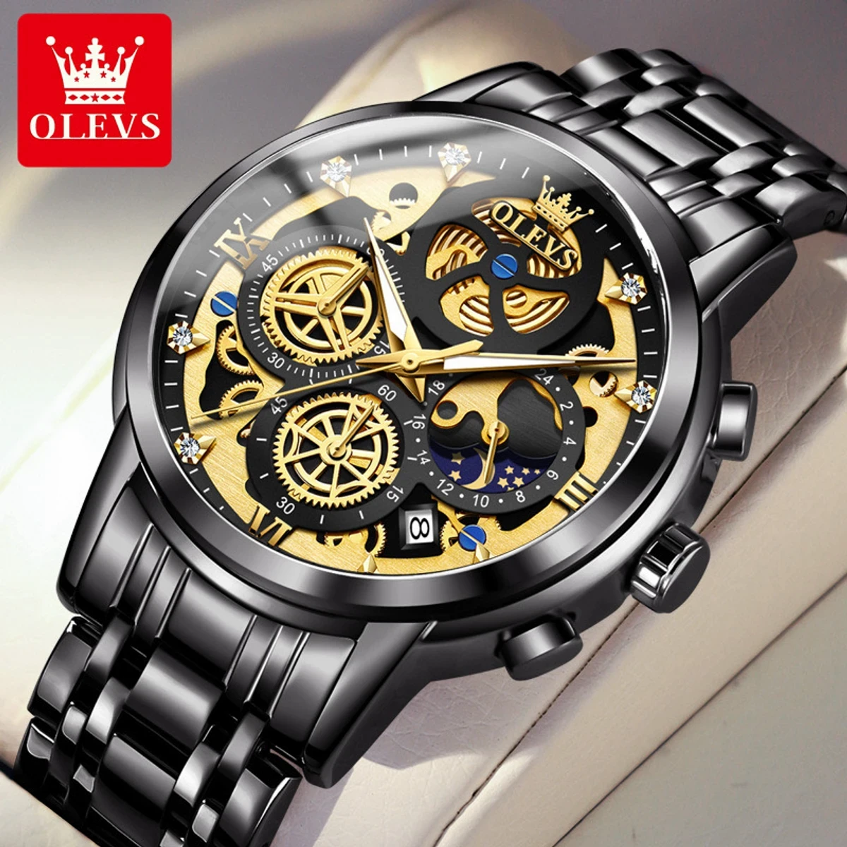 OLEVS WATCH MODEL 9947 FULL BLACK COLOUR WATCH MAN LOCK PUSH + এক পিস ব্যাটারি ফ্রি।
