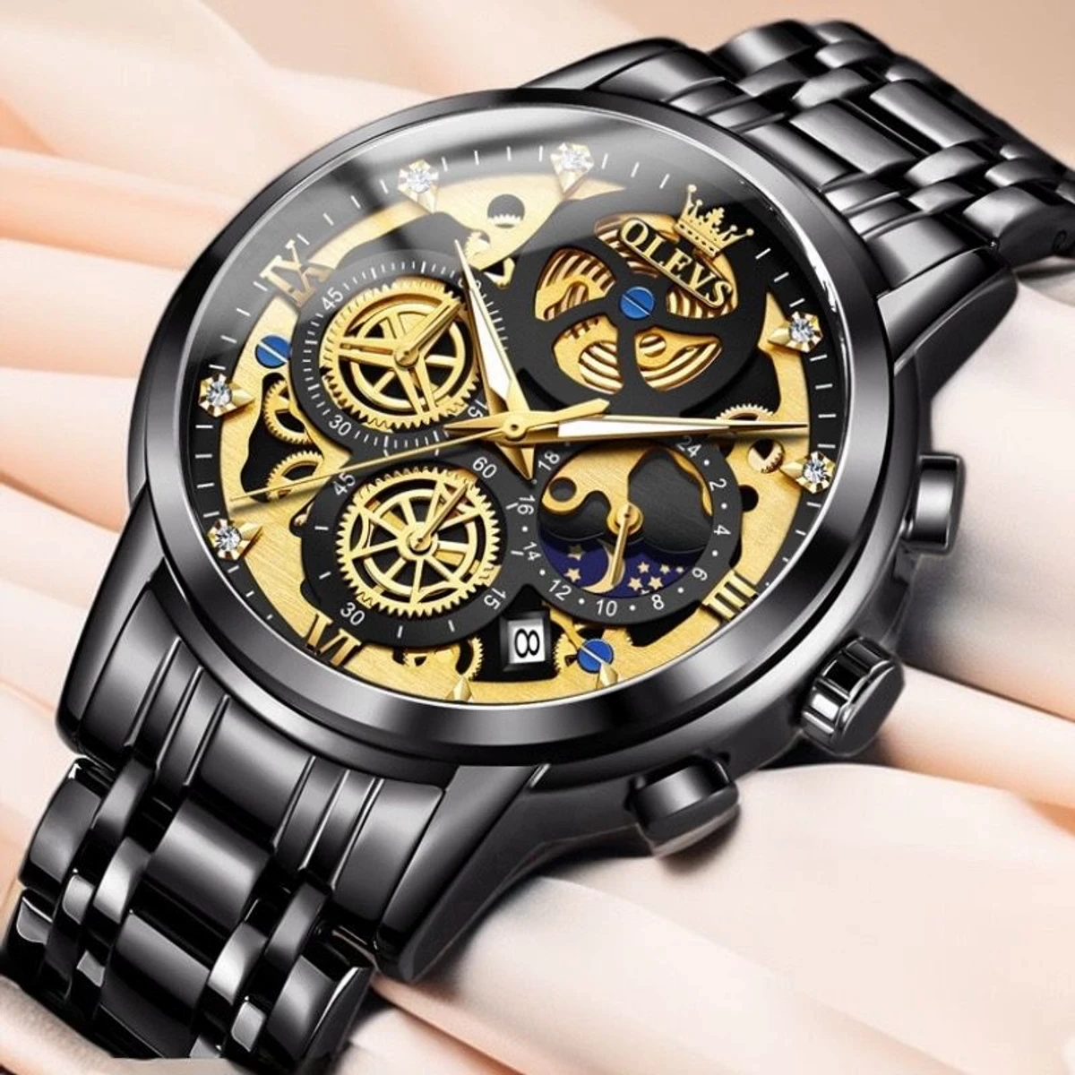 OLEVS WATCH MODEL 9947 FULL BLACK COLOUR WATCH MAN LOCK PUSH + এক পিস ব্যাটারি ফ্রি।