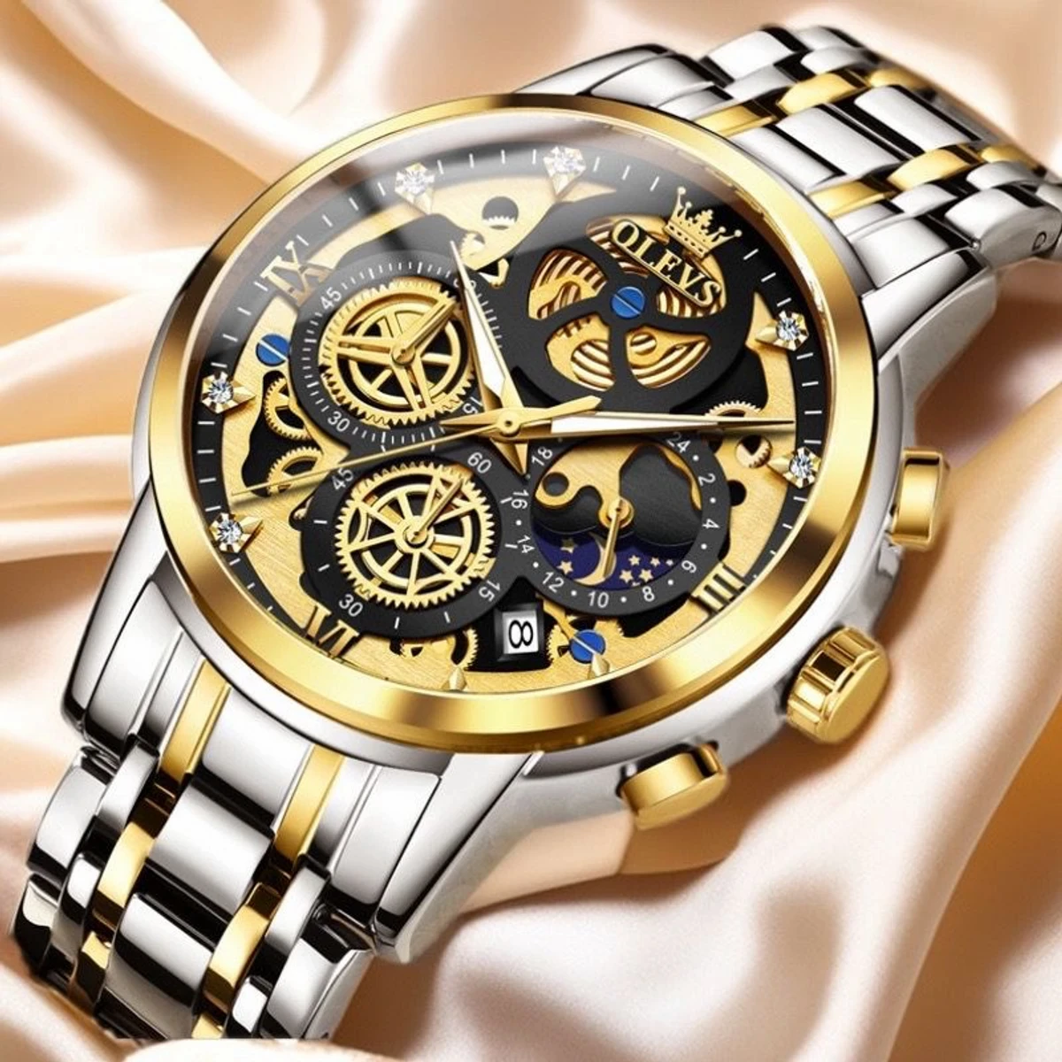 OLEVS WATCH MODEL 9947 TOTON AR DIAL BLACK COLOUR WATCH MAN LOCK PUSH + এক পিস ব্যাটারি ফ্রি।