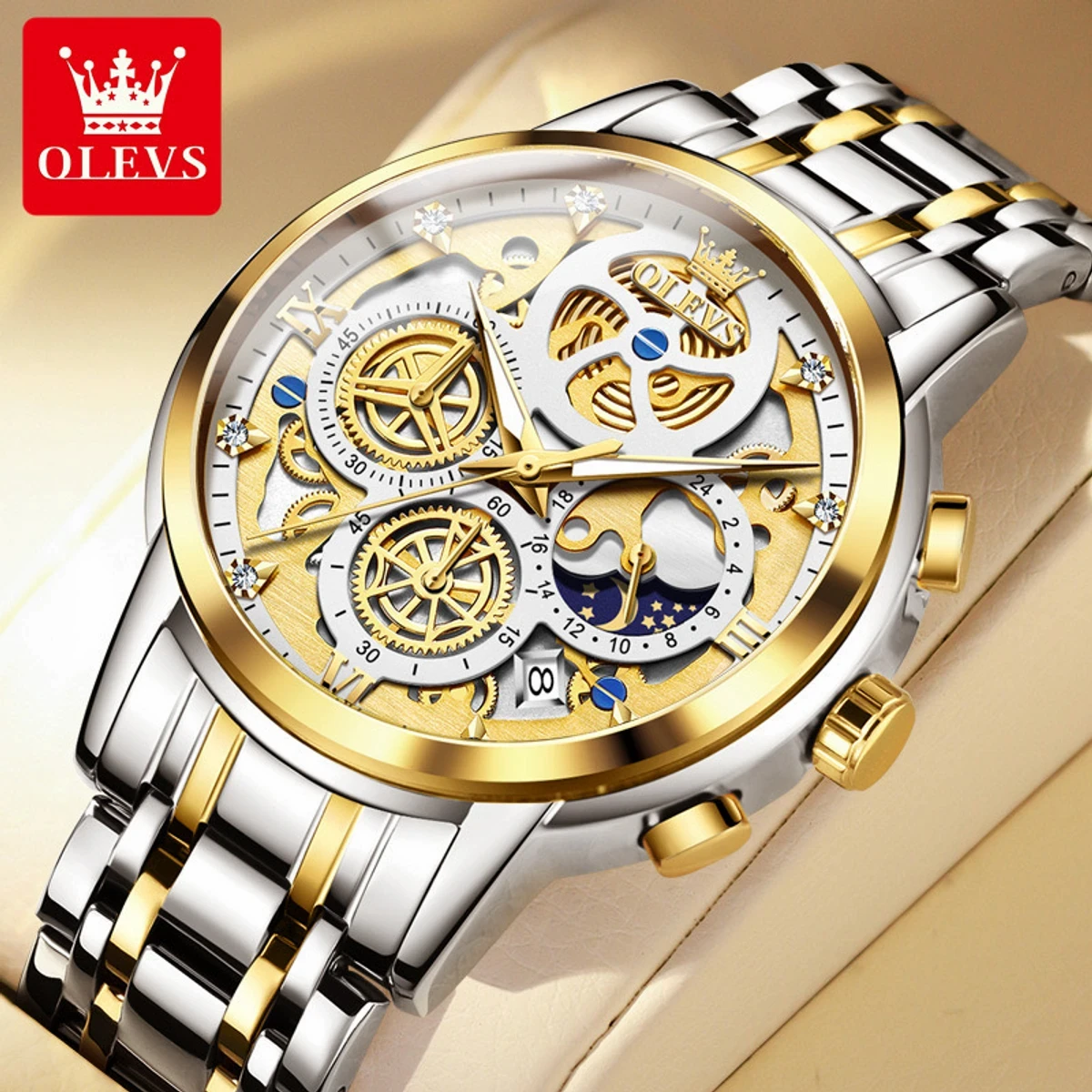 OLEVS WATCH MODEL 9947 TOTON AR DIAL WHITE COLOUR WATCH MAN LOCK PUSH + এক পিস ব্যাটারি ফ্রি।