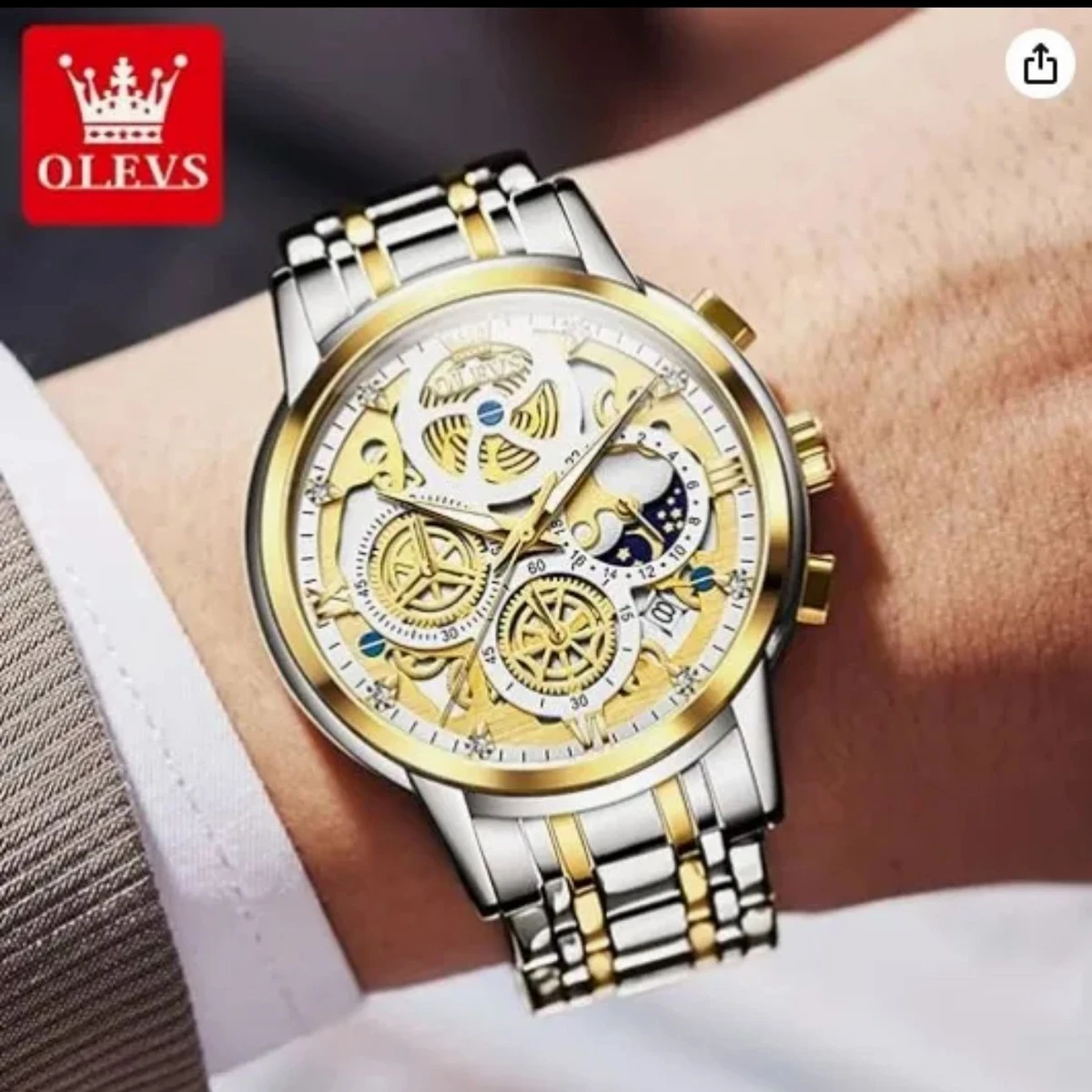 OLEVS WATCH MODEL 9947 TOTON AR DIAL WHITE COLOUR WATCH MAN LOCK PUSH + এক পিস ব্যাটারি ফ্রি।