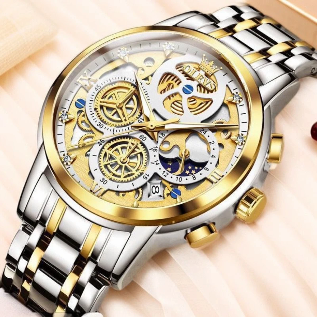 OLEVS WATCH MODEL 9947 TOTON AR DIAL WHITE COLOUR WATCH MAN LOCK PUSH + এক পিস ব্যাটারি ফ্রি।