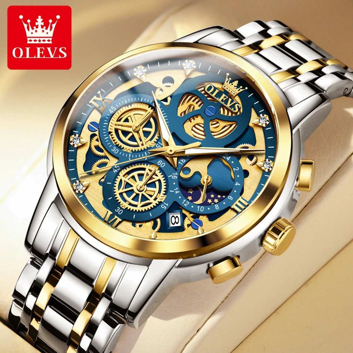 OLEVS WATCH MODEL 9947 TOTON AR DIAL BLUE COLOUR WATCH MAN LOCK PUSH + এক পিস ব্যাটারি ফ্রি।