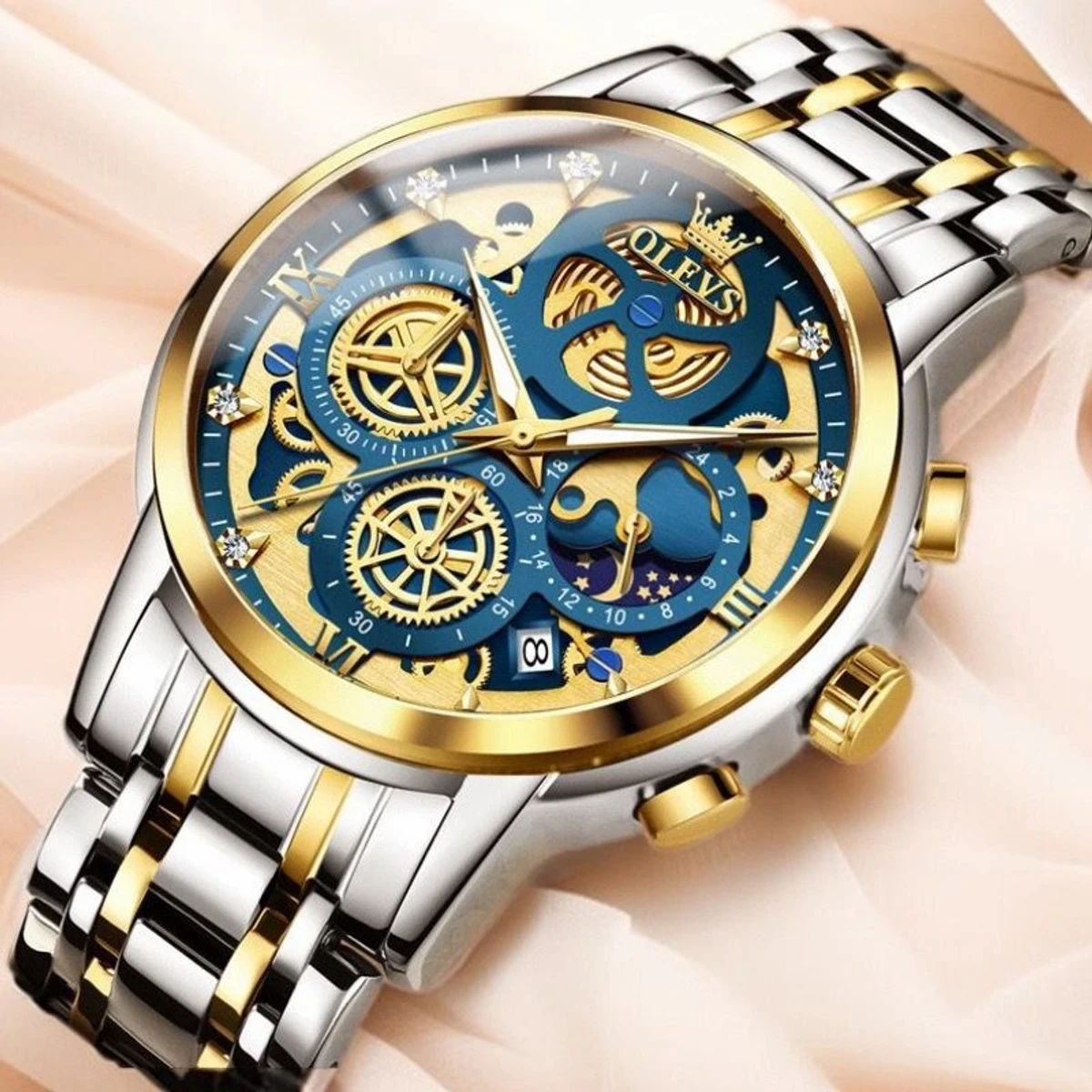 OLEVS WATCH MODEL 9947 TOTON AR DIAL BLUE COLOUR WATCH MAN LOCK PUSH + এক পিস ব্যাটারি ফ্রি।