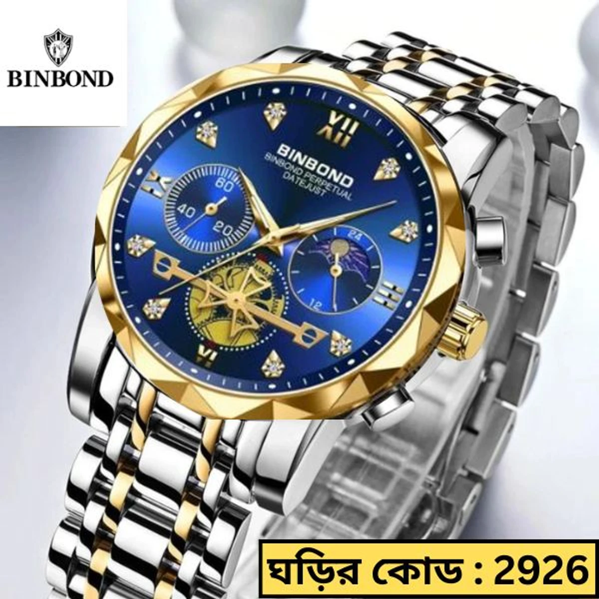 BINBOND Chronograph watch TOTON AR DIAL BLUE COLOUR WATCH  MEN LOCK PUSH + এক পিস ব্যাটারি ফ্রি।