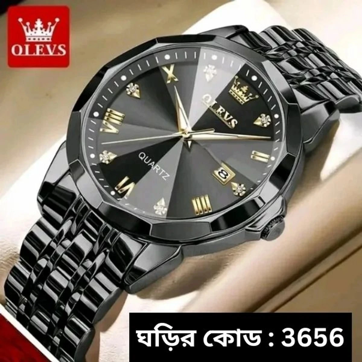 OLEVS WATCH MODEL 9931 SUDU DATE FULL BLACK COLOUR  WATCH FOR MAN - LOCK PUSH + এক পিস ব্যাটারি ফ্রি।