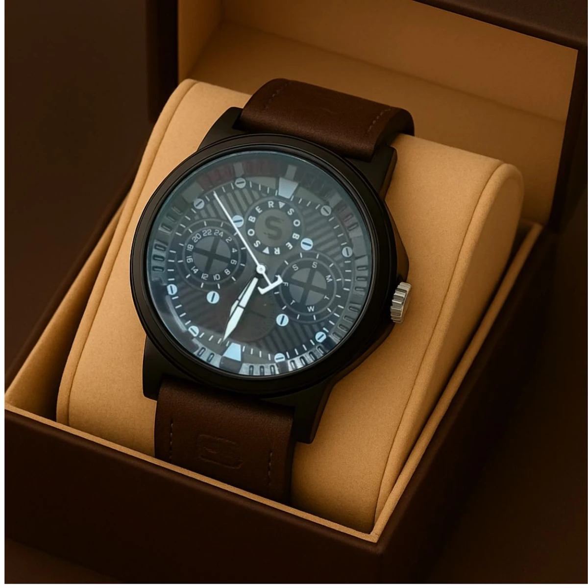 Sober Watch Model 990 Premium Watch Belt Coffee Dial Black Colour Watch For Man