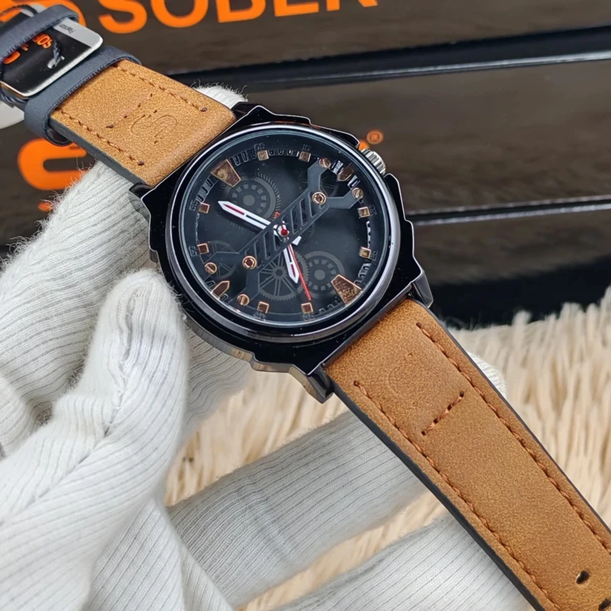 Sober Watch Model 980 Premium Watch Belt Brown Dial Black Colour Watch For Man