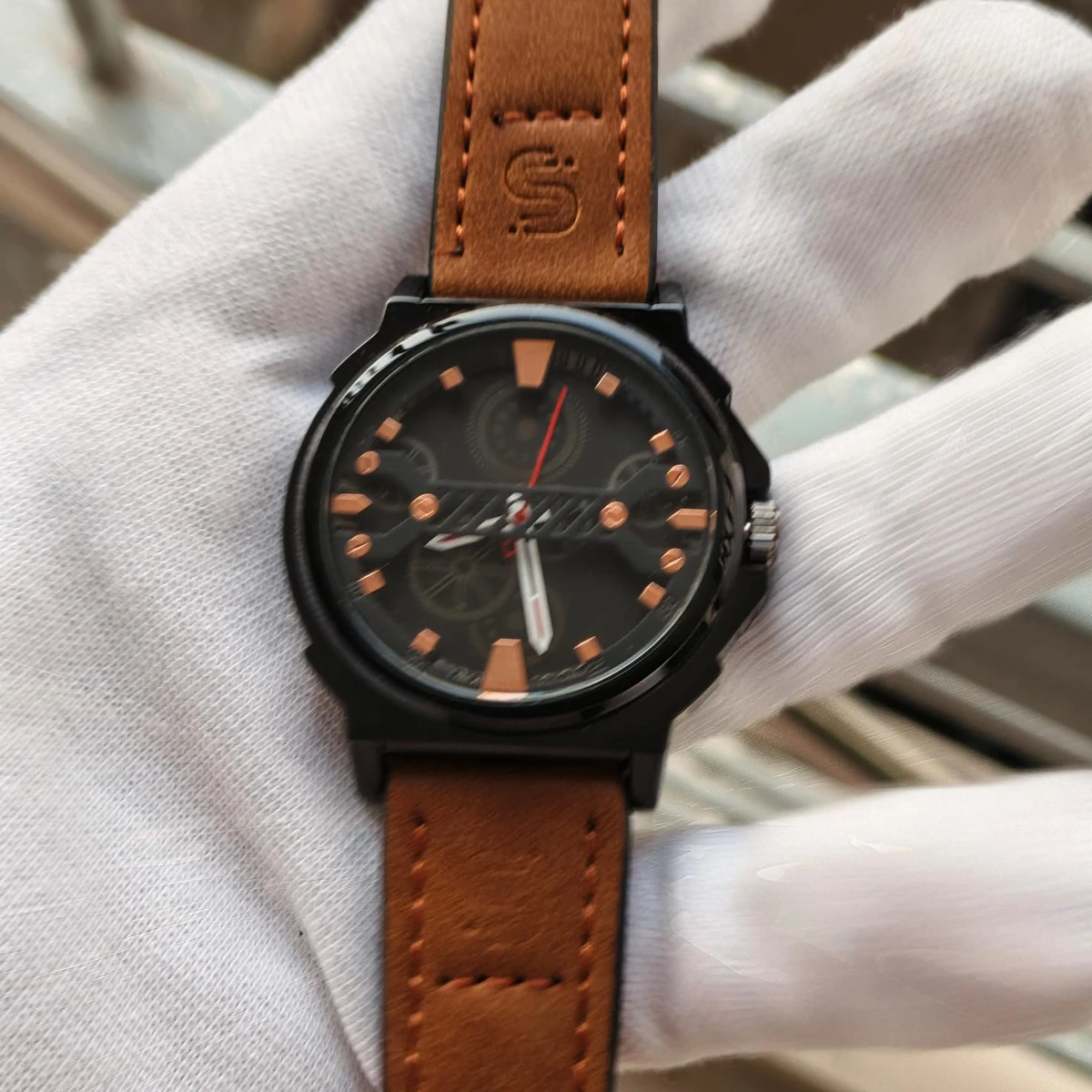 Sober Watch Model 980 Premium Watch Belt Brown Dial Black Colour Watch For Man