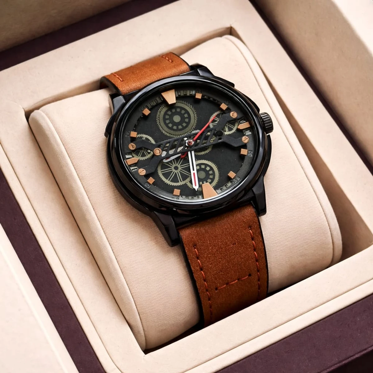 Sober Watch Model 980 Premium Watch Belt Brown Dial Black Colour Watch For Man