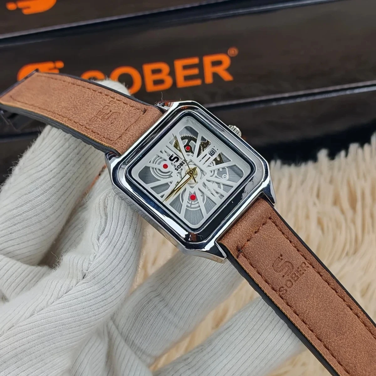 Sober Watch Model 970 Premium Watch Belt Brown Dial White Colour Watch For Man
