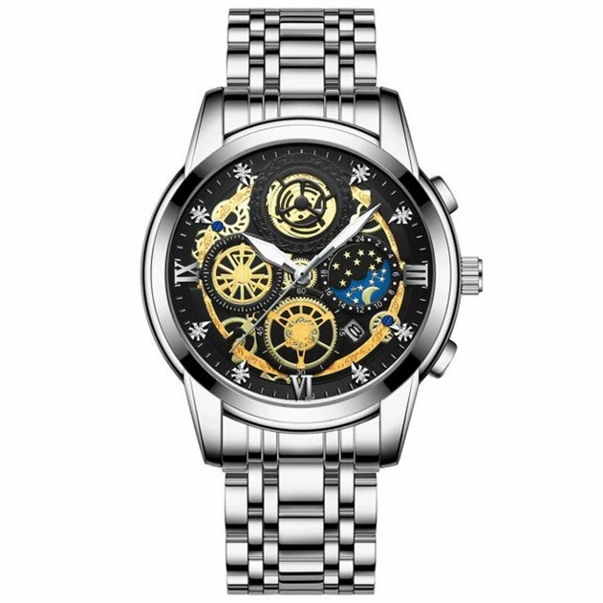 Luxury  Watch 3 Chabi Silver Chain Dial Black Colour Watch For Man + এক পিস ব্যাটারি ফ্রি।