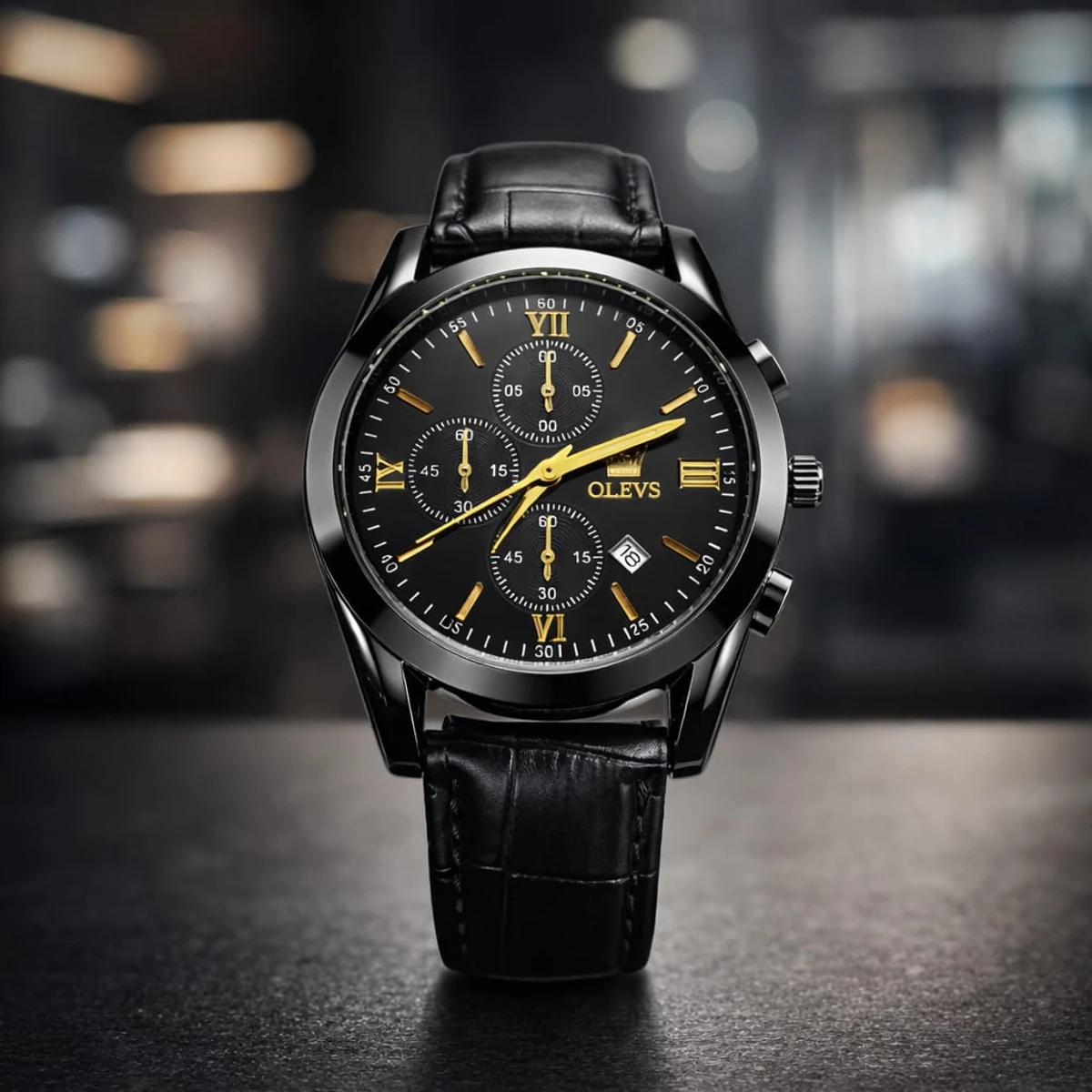 OLEVS WATCH MODEL 2872 FASHION WATCH FOR MEN FULL BLACK COLOUR FOR MEN + এক পিস ব্যাটারি ফ্রি।