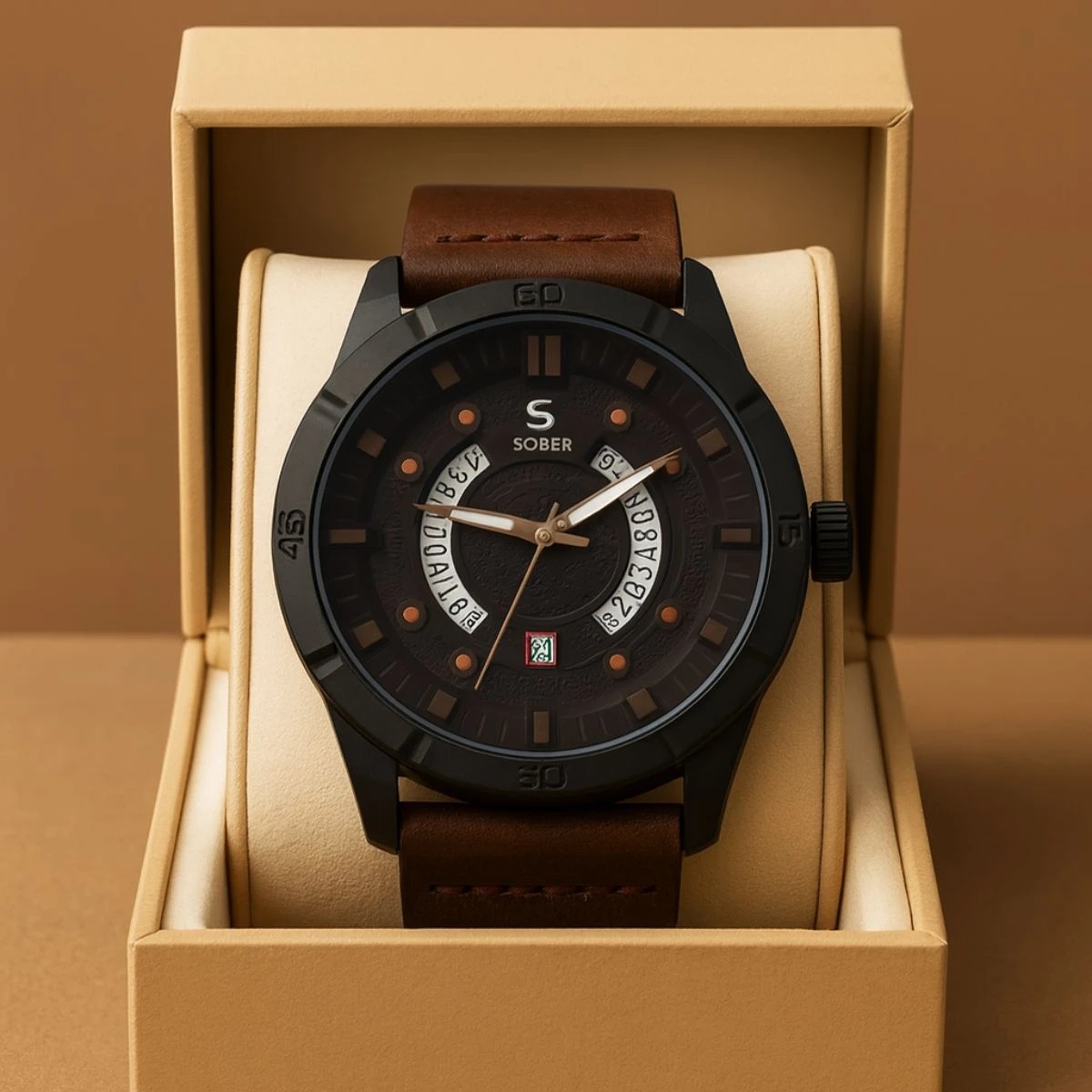 Sober Watch Model 995 Premium Watch Belt Coffee Dial Black Colour Watch For Man