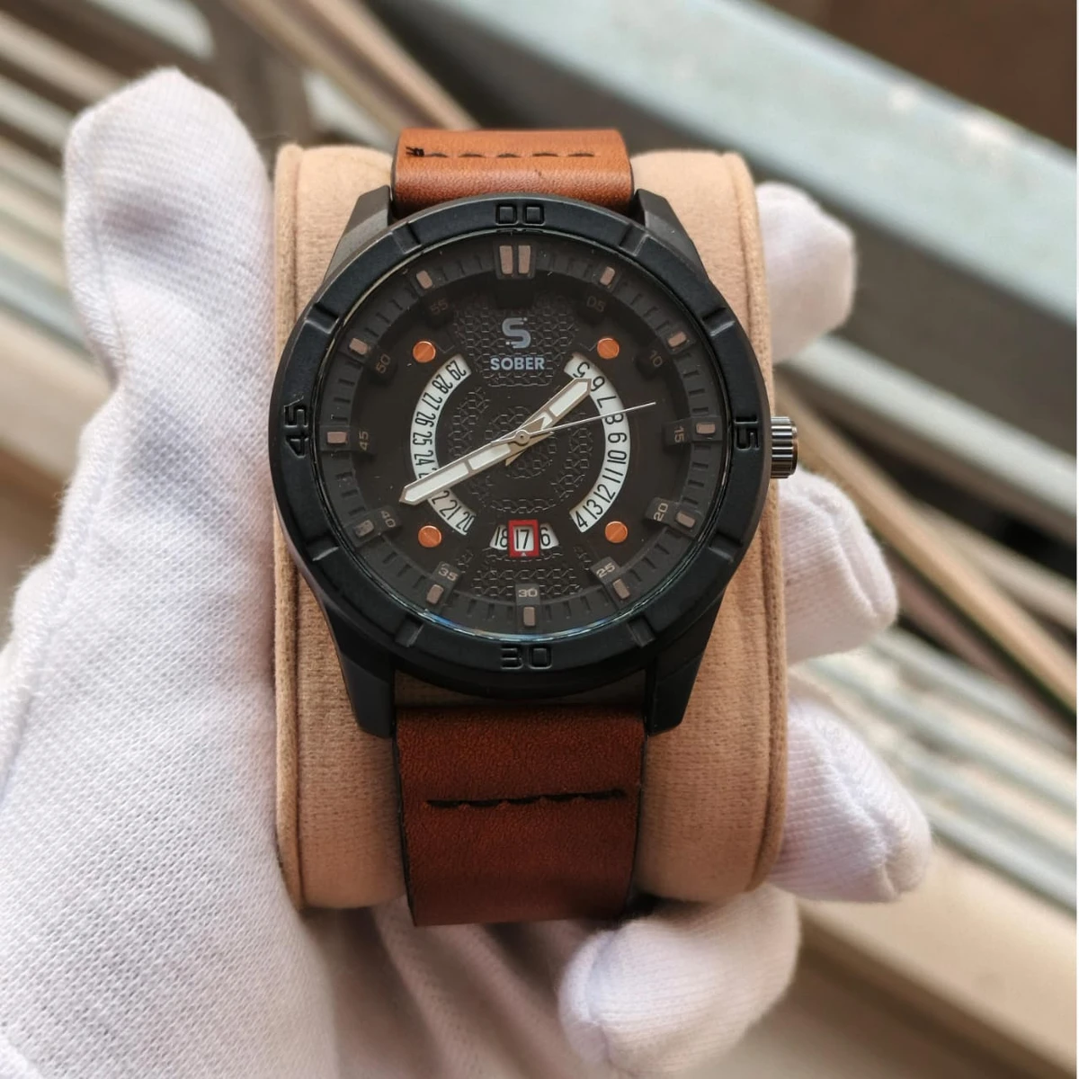 Sober Watch Model 995 Premium Watch Belt Brown Dial Black Colour Watch For Man