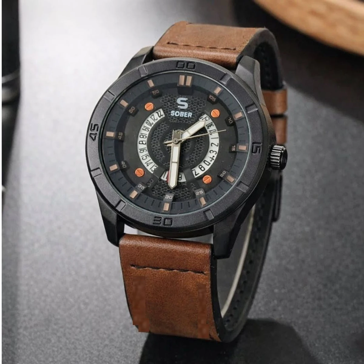 Sober Watch Model 995 Premium Watch Belt Brown Dial Black Colour Watch For Man