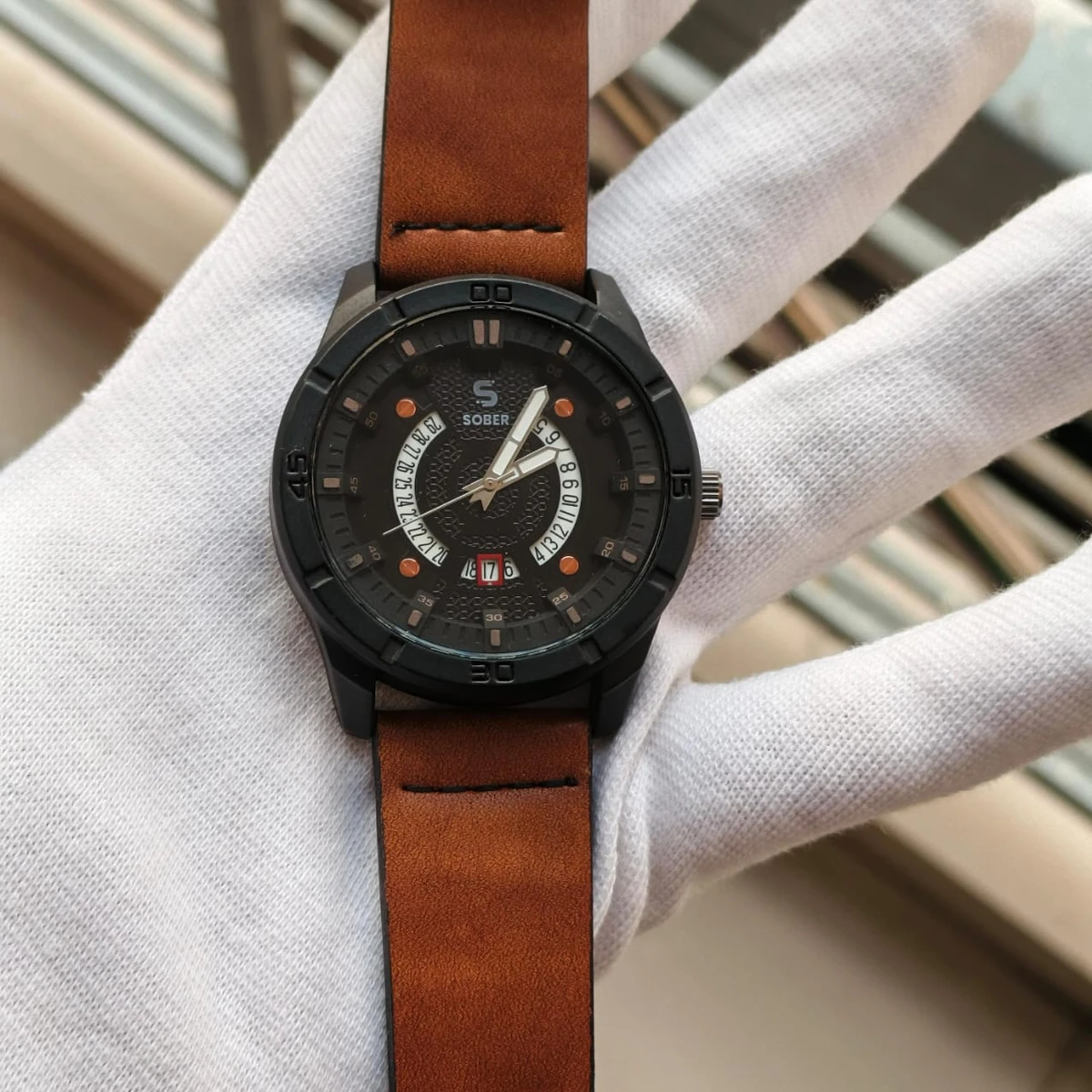 Sober Watch Model 995 Premium Watch Belt Brown Dial Black Colour Watch For Man