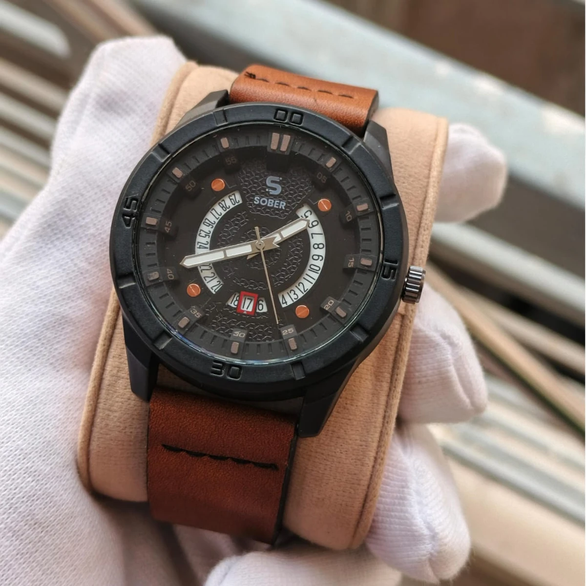 Sober Watch Model 995 Premium Watch Belt Brown Dial Black Colour Watch For Man