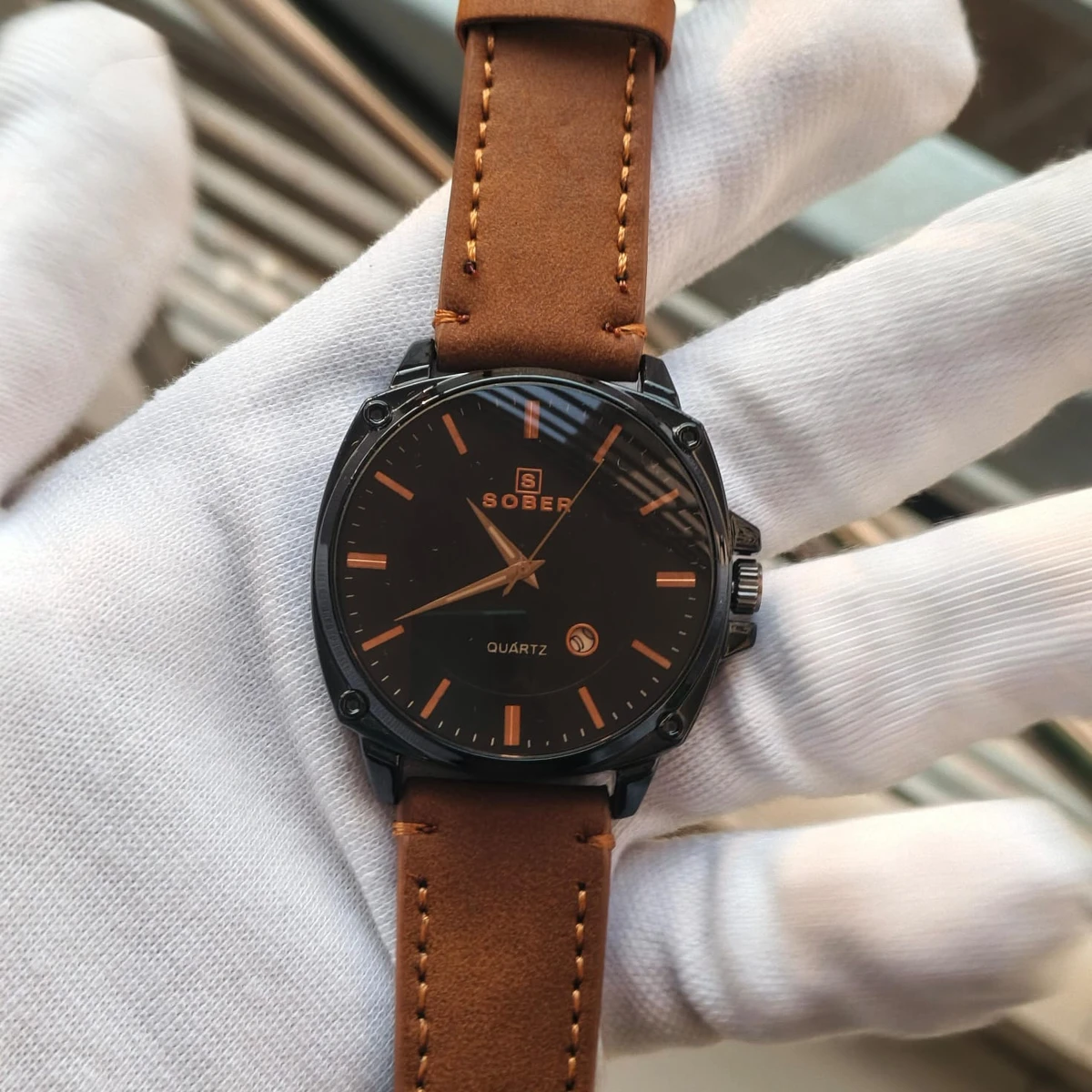 Sober Watch Model 985 Premium Watch Belt Brown Dial Black Colour Watch For Man