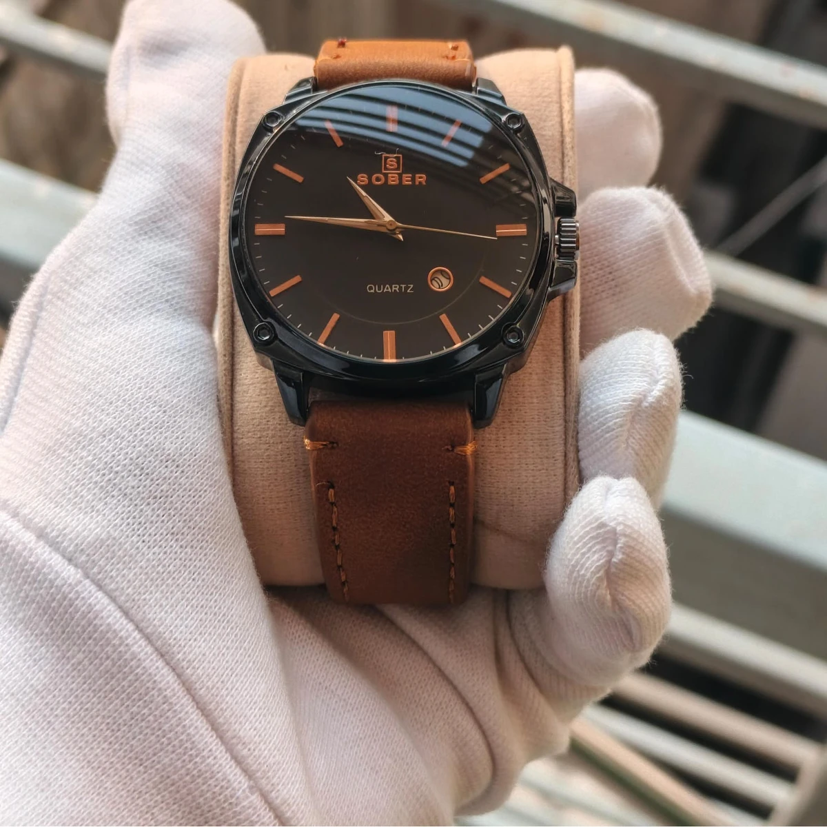 Sober Watch Model 985 Premium Watch Belt Brown Dial Black Colour Watch For Man