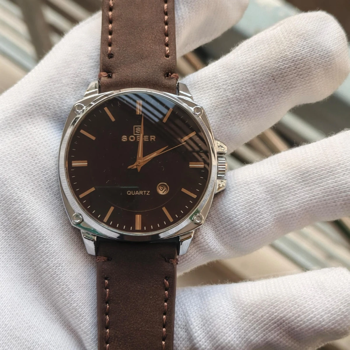 Sober Watch Model 985 Premium Watch Belt Coffe Round Silver  Dial Coffe Colour Watch For Man