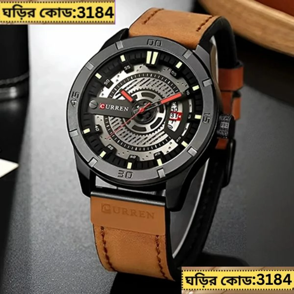 Curren Watch Model 8301 Belt  Brown or Black Dial Black Colour Watch For Man