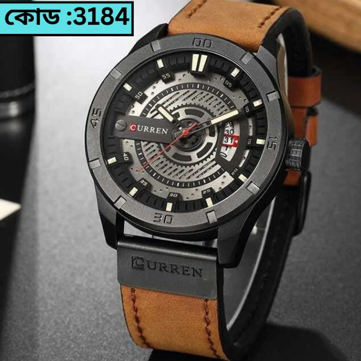 Curren Watch Model 8301 Belt Brown  Dial Black Colour Watch For Man
