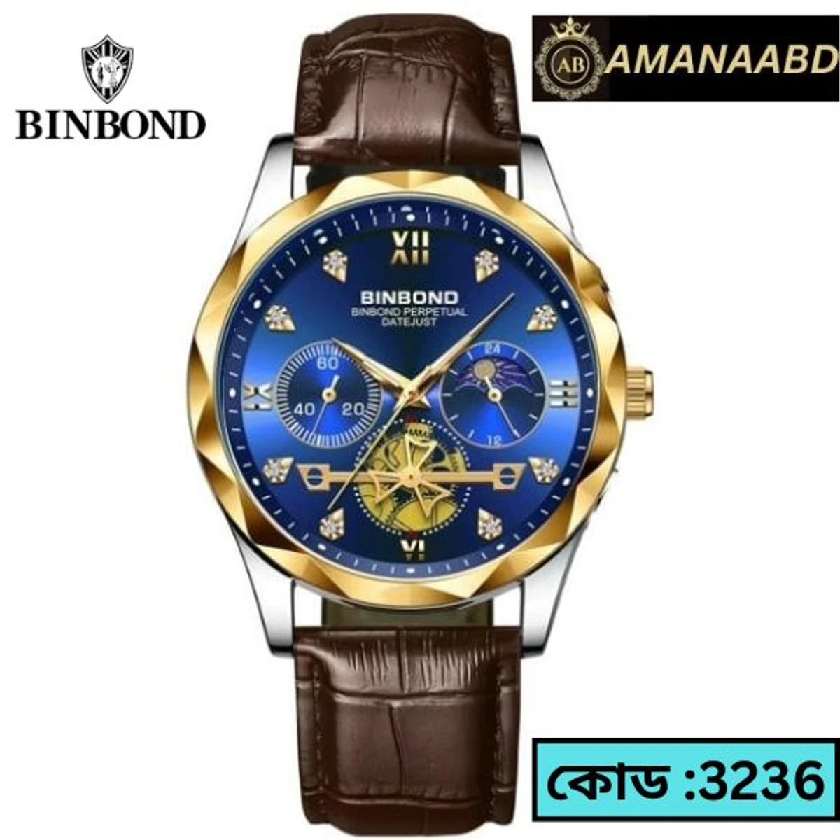 BINBOND WATCH 8900 MODEL WATCH BELT BROWN ROUND GOLDEN DIAL BLUE COLOUR WATCH + এক পিস ব্যাটারি ফ্রি।