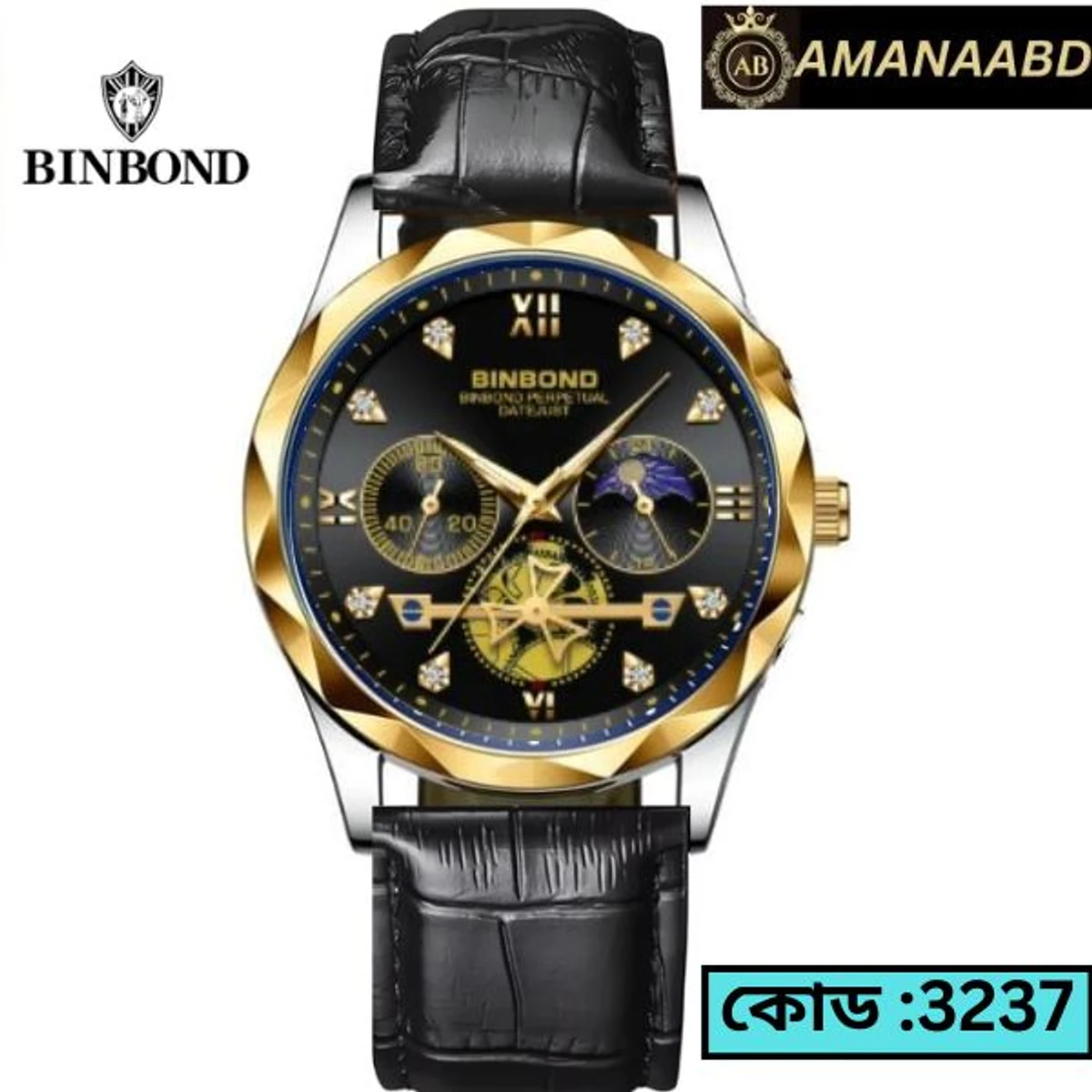BINBOND WATCH 8900 MODEL WATCH BELT BLACK ROUND GOLDEN DIAL BLACK COLOUR WATCH + এক পিস ব্যাটারি ফ্রি।