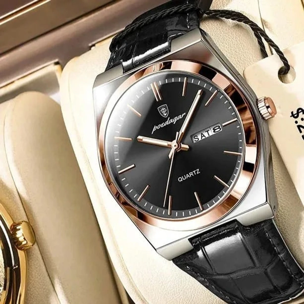 POEDAGAR WATCH MODEL 930 BELT BLACK  ROUND ROSE GOLDEN DIAL BLACK COLOUR WATCH FOR MAN