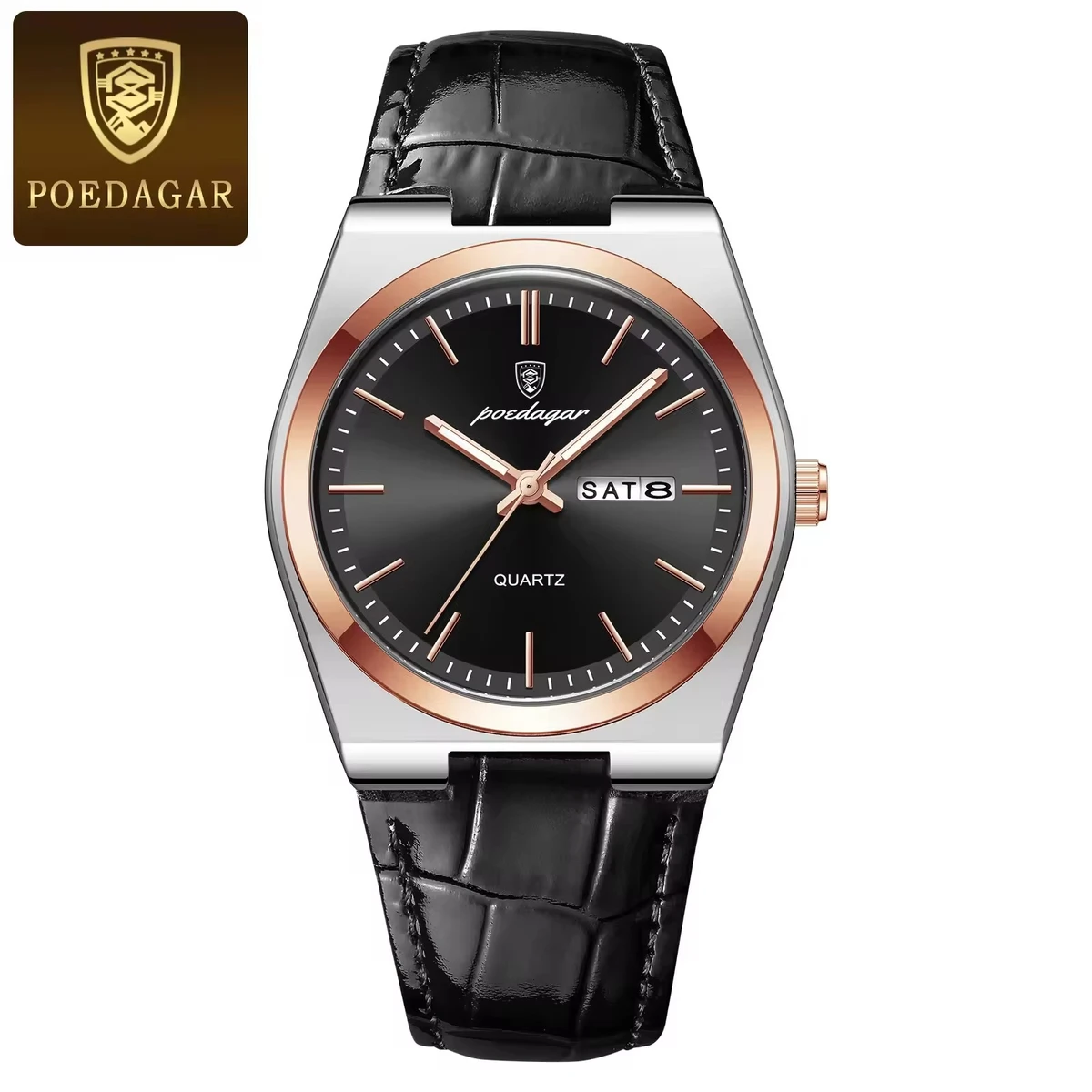 POEDAGAR WATCH MODEL 930 BELT BLACK ROUND ROSE GOLDEN DIAL BLACK COLOUR WATCH FOR MAN