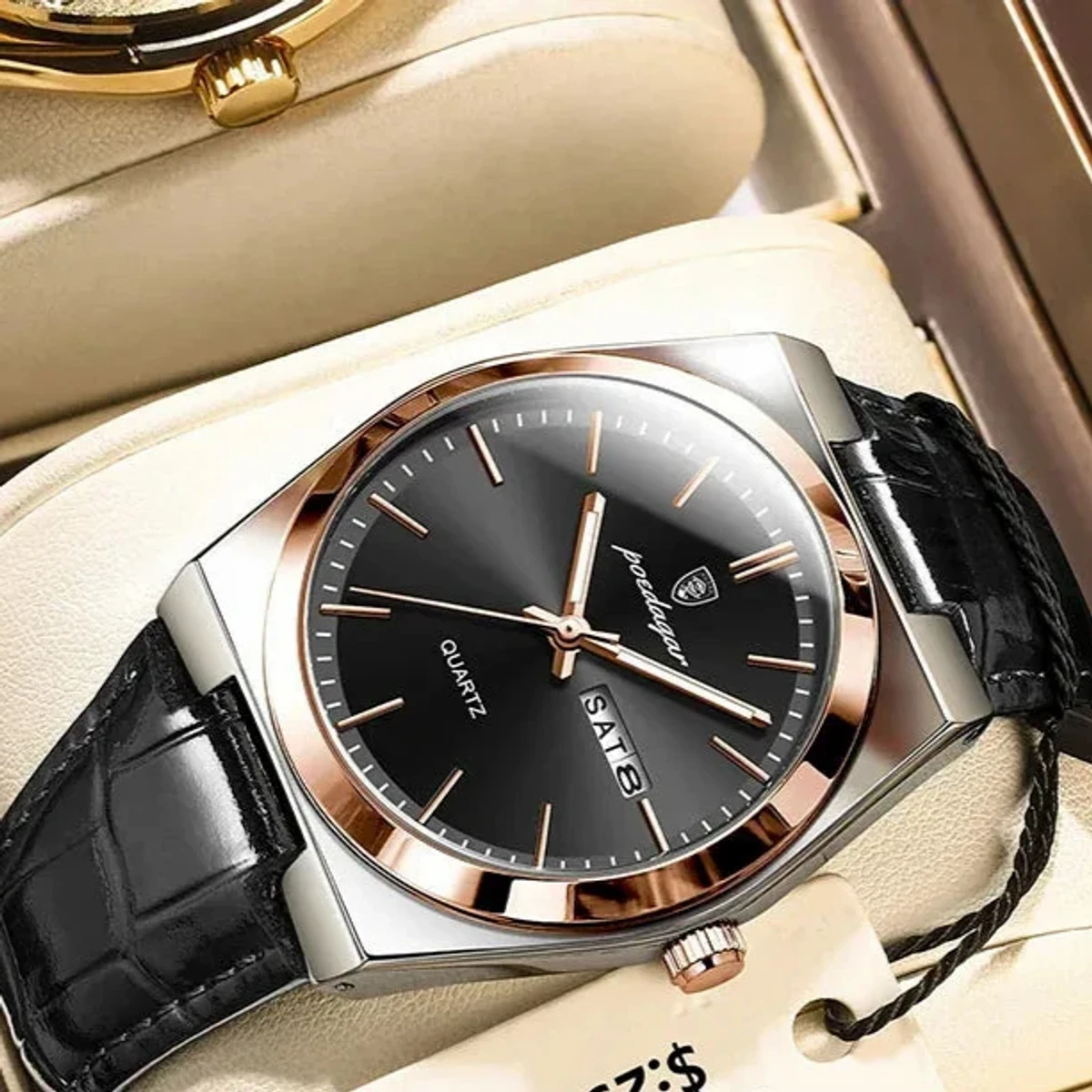 POEDAGAR WATCH MODEL 930 BELT BLACK ROUND ROSE GOLDEN DIAL BLACK COLOUR WATCH FOR MAN