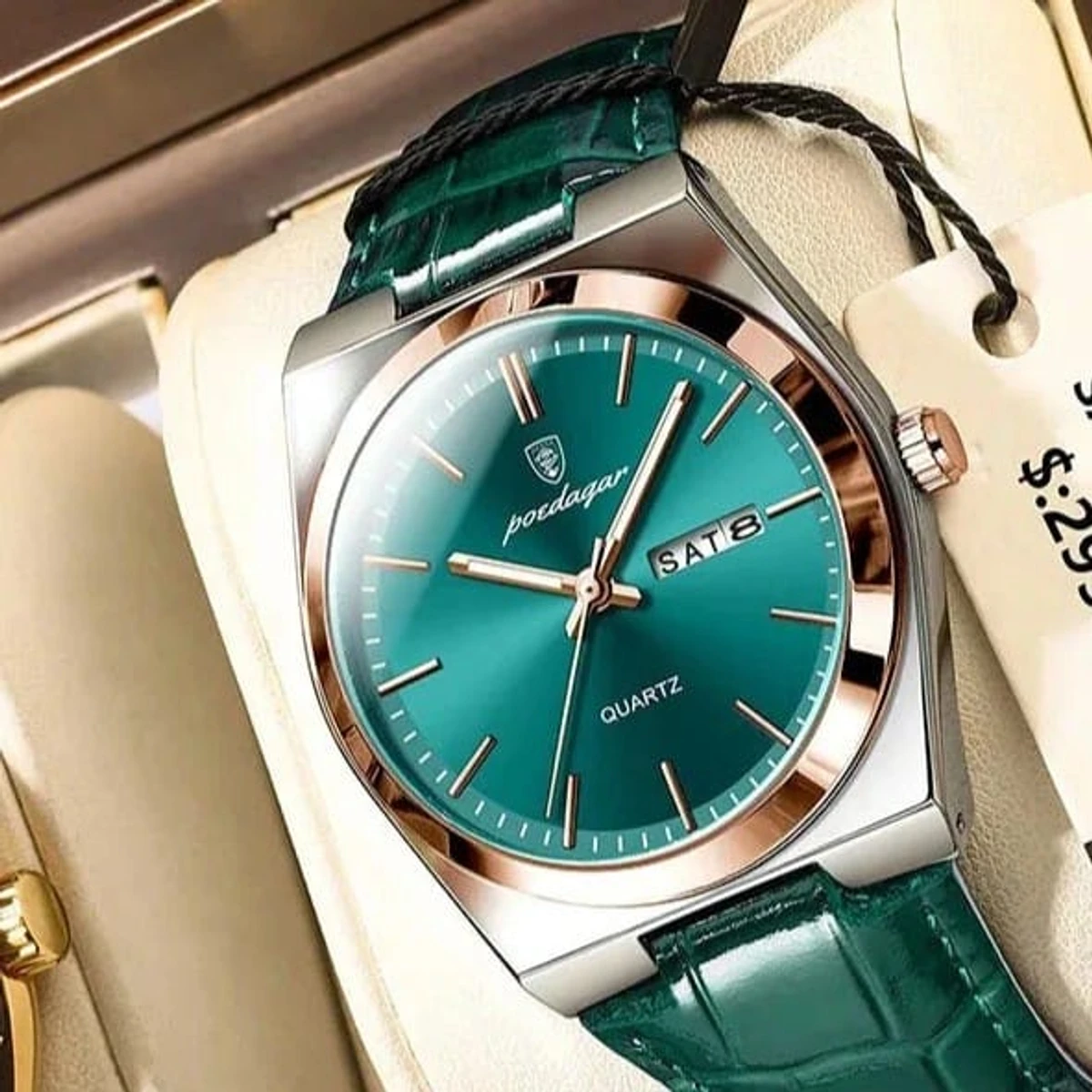 POEDAGAR WATCH MODEL 930 BELT GREEN  ROUND ROSE GOLDEN DIAL GREEN COLOUR WATCH FOR MAN