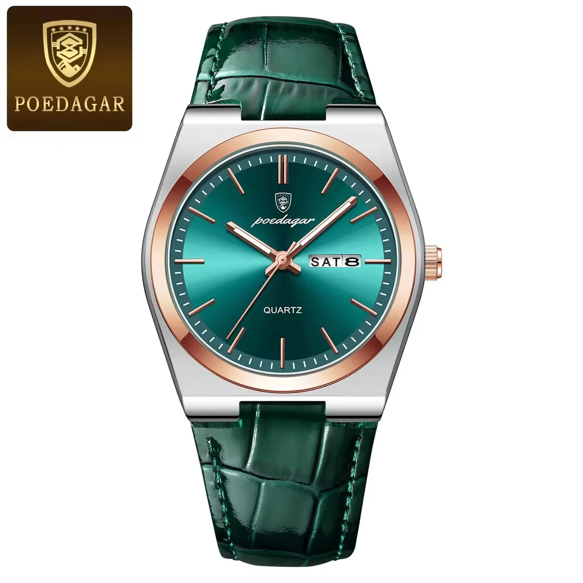 POEDAGAR WATCH MODEL 930 BELT GREEN ROUND ROSE GOLDEN DIAL GREEN COLOUR WATCH FOR MAN