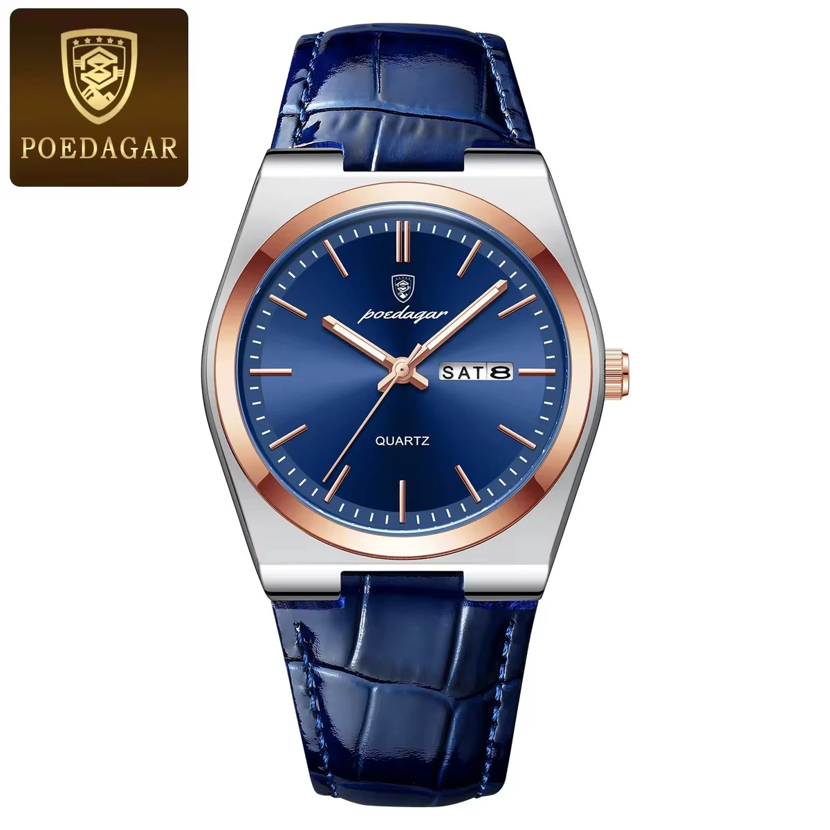 POEDAGAR WATCH MODEL 930 BELT BLUE ROUND ROSE GOLDEN DIAL BLUE COLOUR WATCH FOR MAN