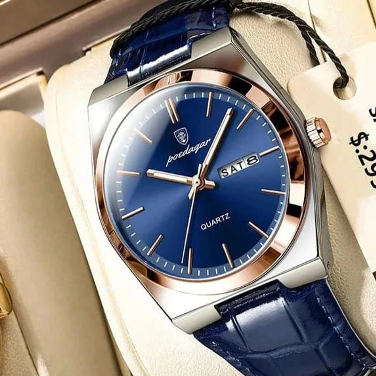 POEDAGAR WATCH MODEL 930 BELT BLUE  ROUND ROSE GOLDEN DIAL BLUE COLOUR WATCH FOR MAN